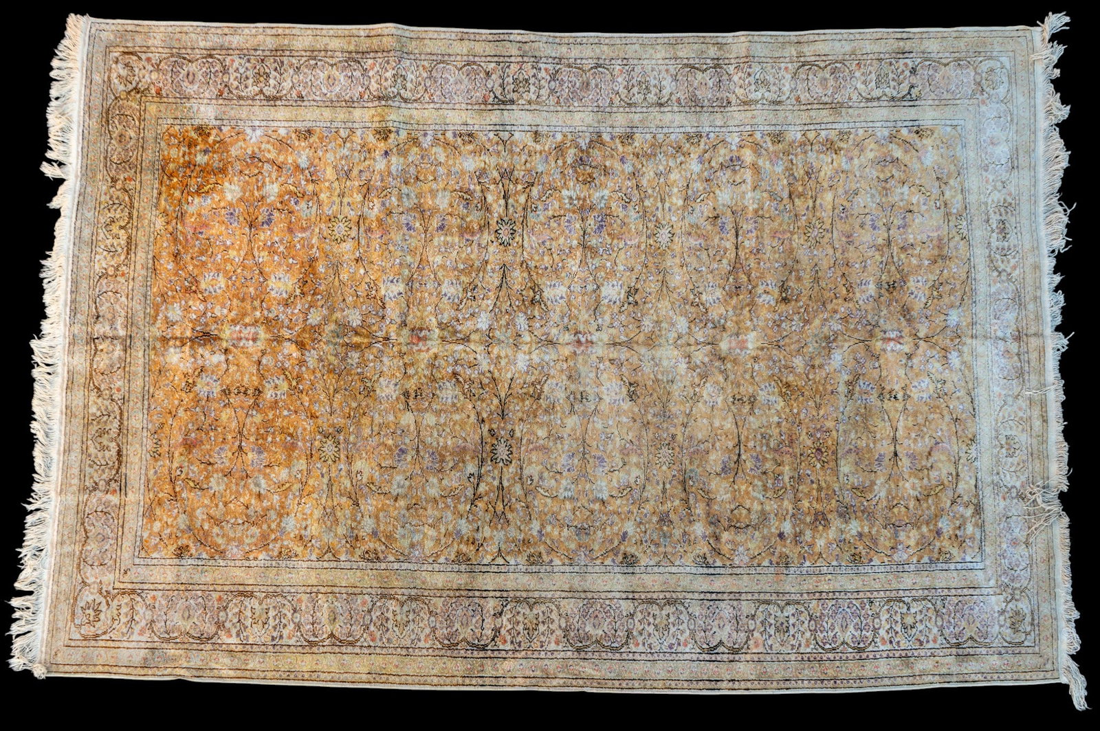 Turkish Silk Rug: floarla motifs, yellow, gorund cream, floral border. 6'6" x 9'5"