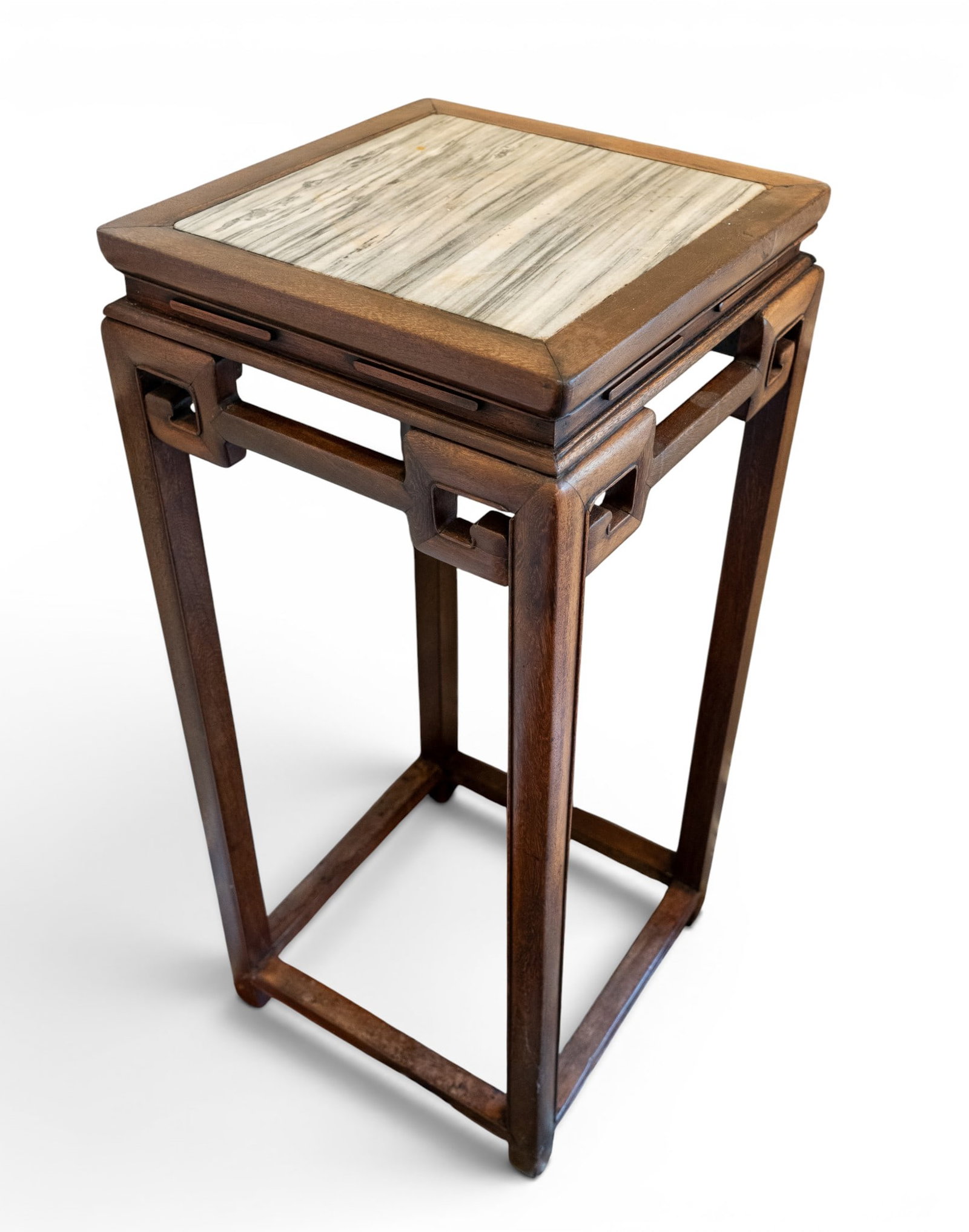 Chinese Hardwood Square Pedestal Table: Chinese hardwood square pedestal table with square marble inset top. Measures approx. 35" H x 15" Square. From the Estate of Carol and George Thomassy, Hanover, PA.