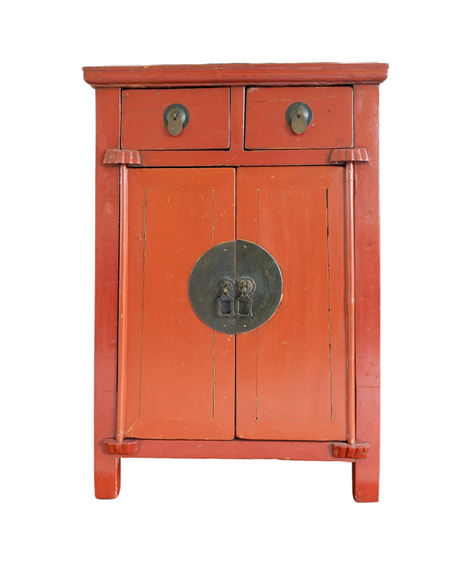 Red Lacquered Chinese 2-Door Cabinet: Red lacqured Chinese cabinet with 2 doors and mounted with bronze hardware. Measures approx. 23.75" W x 17.75" D x 35.25" H. Condition is as seen in photography. From the Estate of Carol and George