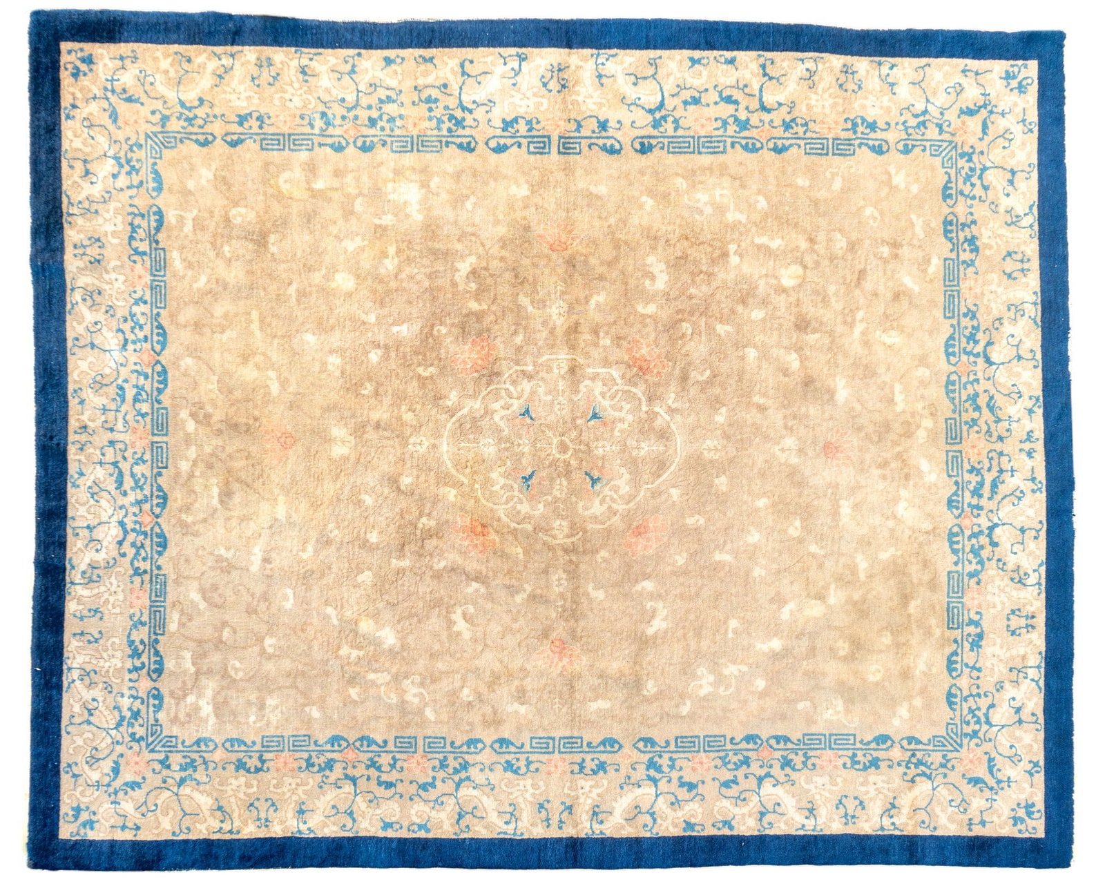 Antiques Chinese Peking: light brown ground foliate, blue + pink border. 8'4" x 9'9"