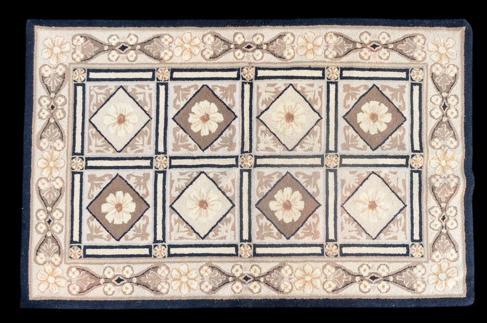 19th C American Hook Rug Geometric: Floral motifs in grid / geometric layout. Approx 3'6" x 5'5"