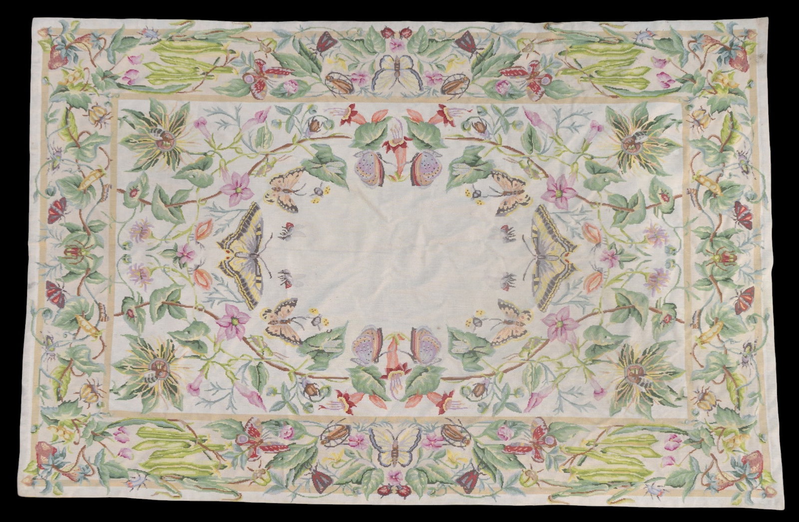 French Wall-Hanging Tapestry: floarl foliate, butterfly motifs, stain to one corner. 5'8" x 8'8"