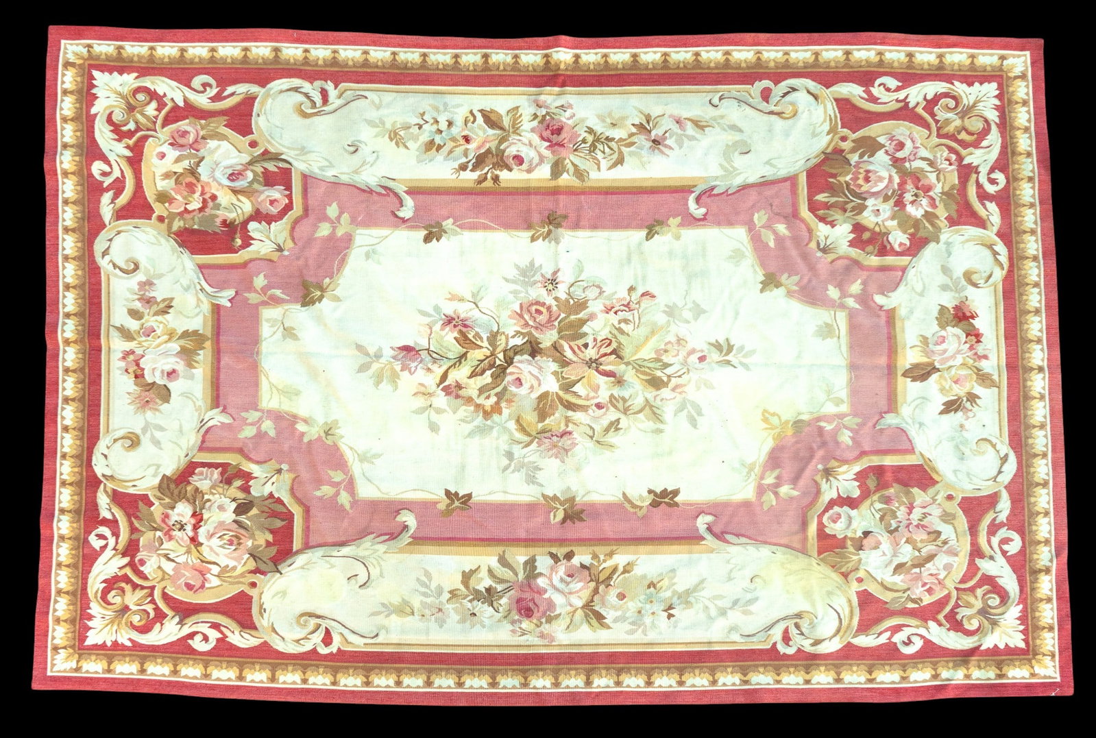 French Aubusson Tapestry: Pink and red floral motifs, cream ground. 6' x 9'