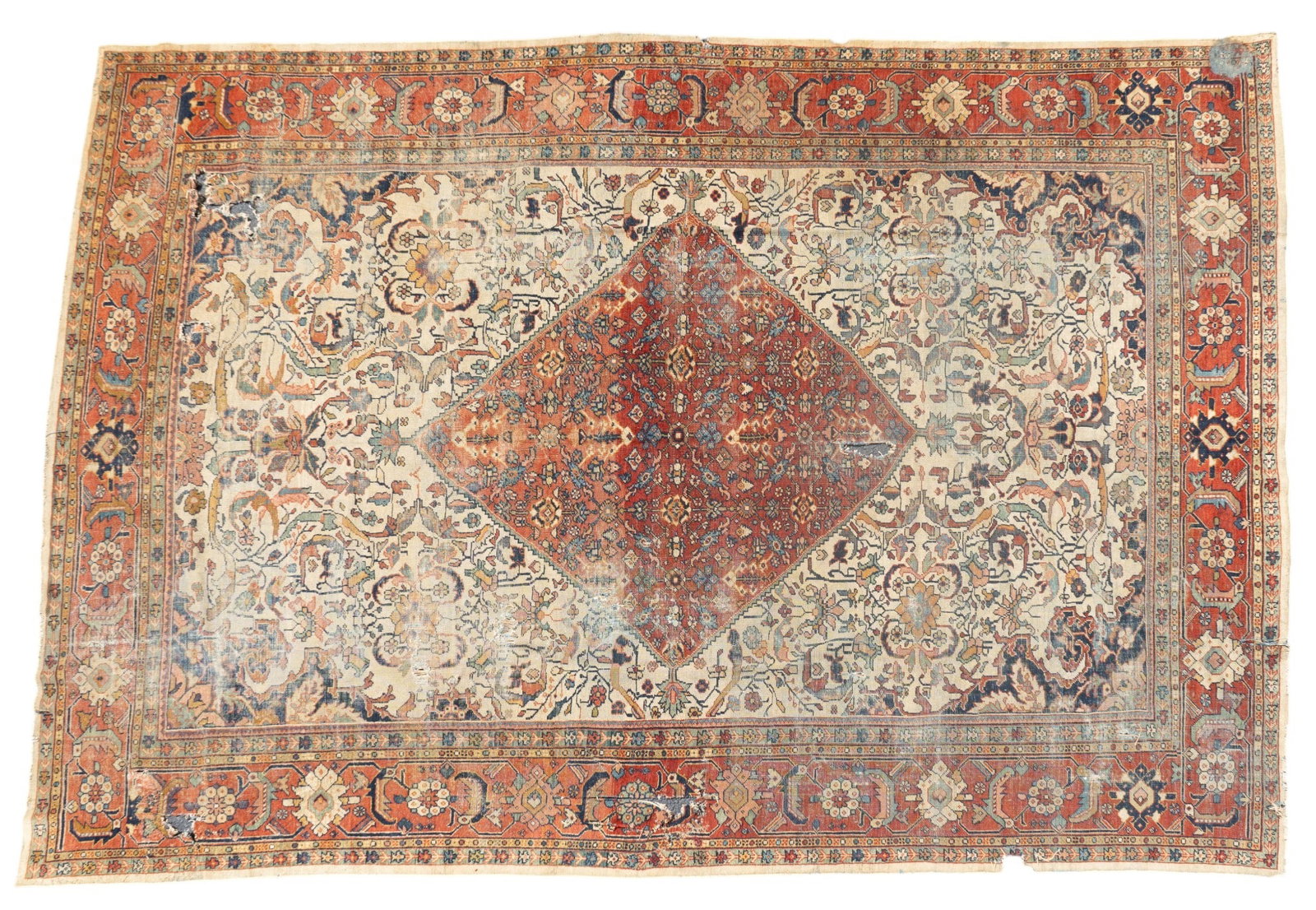 Persian Area Rug: heavily distressed with multiple holes. 9'8" x 12'10"