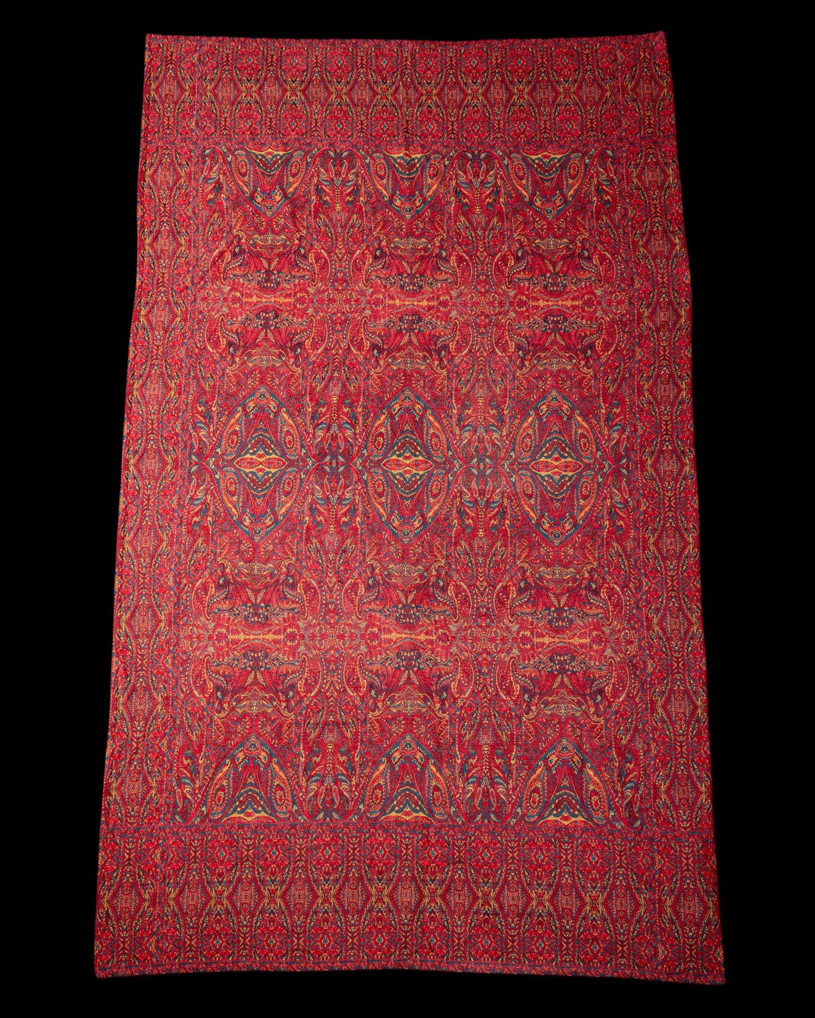 19th C Jacquard Woven Paisley Large Textile: Well-preserved 19th century Jacquard loomed/woven paisley textile. Large-scale rectangular textile features dense pattern of fine teardrop boteh motifs and interlocking scrollwork. Color scheme of