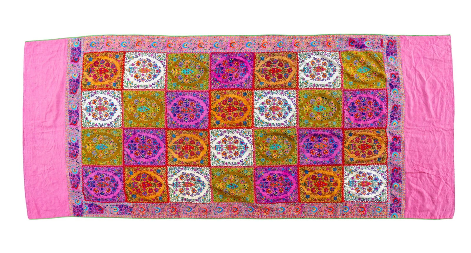 Kashmiri Handmade Crewel Embroidered Textile Throw: Intricately detailed Kashmiri crewel embroidered textile throw/table runner. Showcases traditional Mughal floral motifs and buta (paisley) patterns. Wool embroidery thread on cotton canvas base,