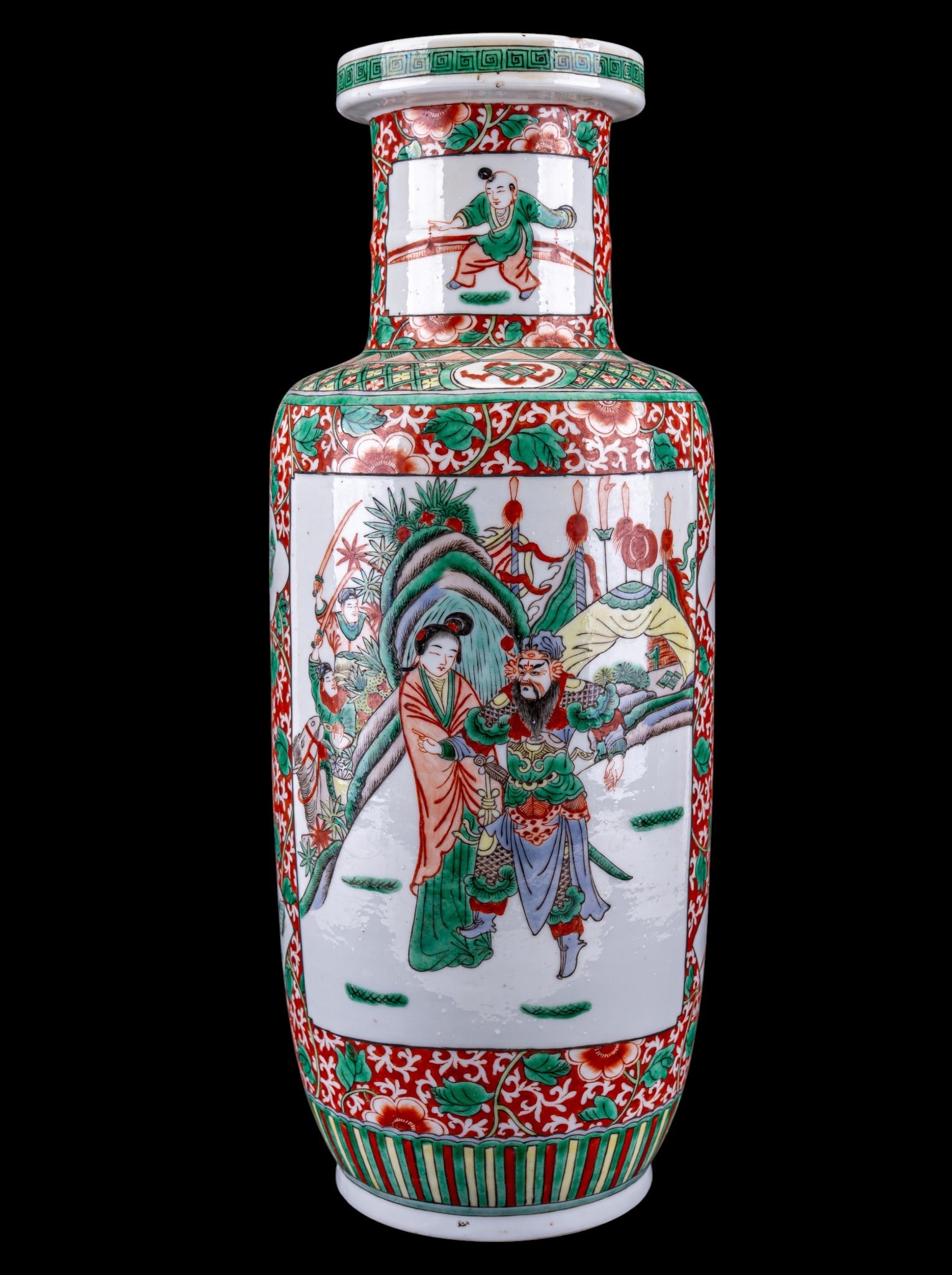 Chinese Famille Verte Porcelain Figural Vase: Chinese porcelain rouleau-form vase decorated in the famille verte palette with large figural scenes depicting warriors, attendants court figures in a landscape, surrounded by floral and geometric