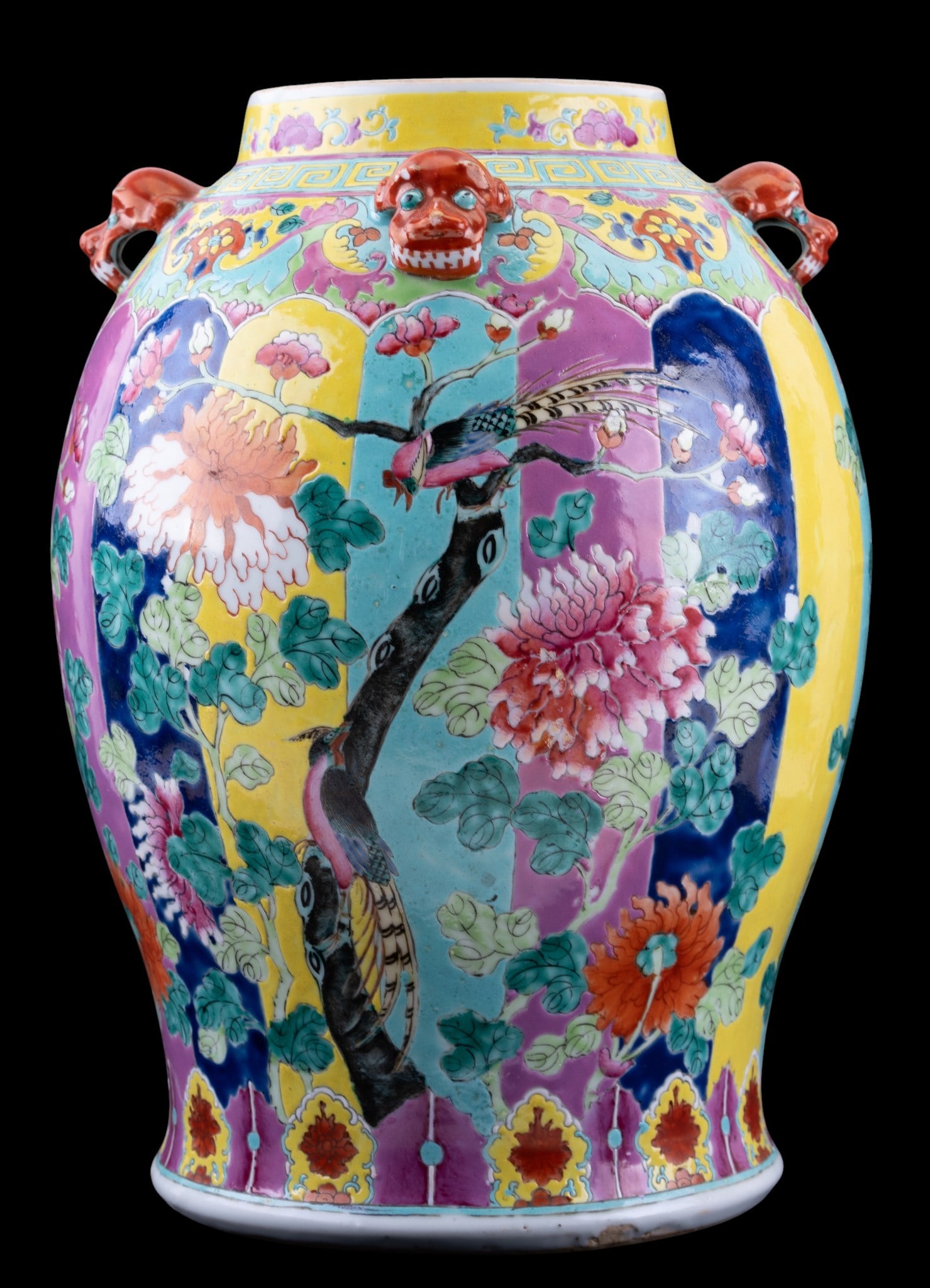 Chinese Famille Rose Porcelain Baluster Voice: Chinese famille rose porcelain baluster vase, enameled in a vibrant palette with flowering peony branches and exotic birds against alternating turquoise, yellow, pink, and cobalt-blue grounds. The sho