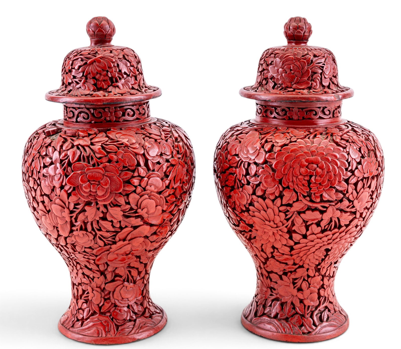 Pair, 19th C Chinese Carved Cinnabar Lidded Jars (1 of 7)