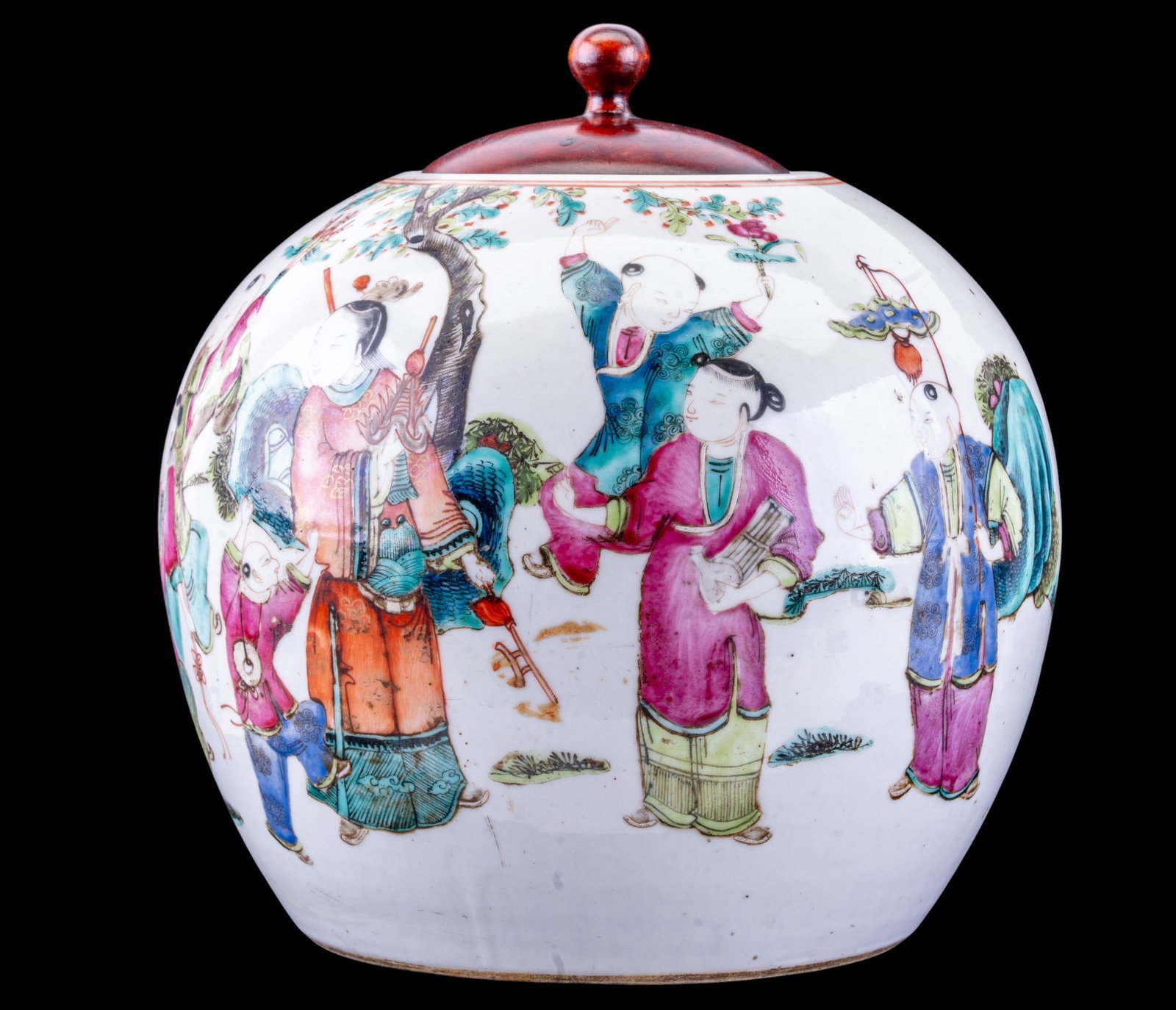 19th C Chinese Famille Rose Ginger Jar: 19th century Chinese porcelain ginger jar of globular form, hand-painted in famille rose enamels with a figural scene depicting boys at play within a garden landscape, surrounded by stylized rockwork,