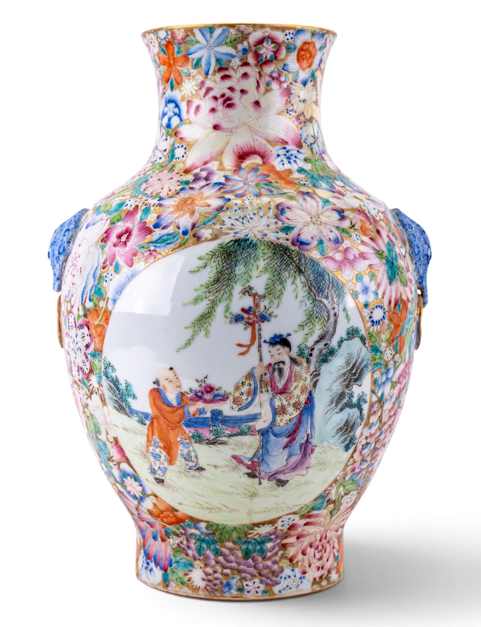 19th C Chinese Famille Rose Vase, 6-Character Mark: Large Chinese porcelain vase of baluster form, elaborately decorated in famille rose enamels with a dense millefleurs ground of peonies, chrysanthemums and assorted flowering plants. Opposing shaped r