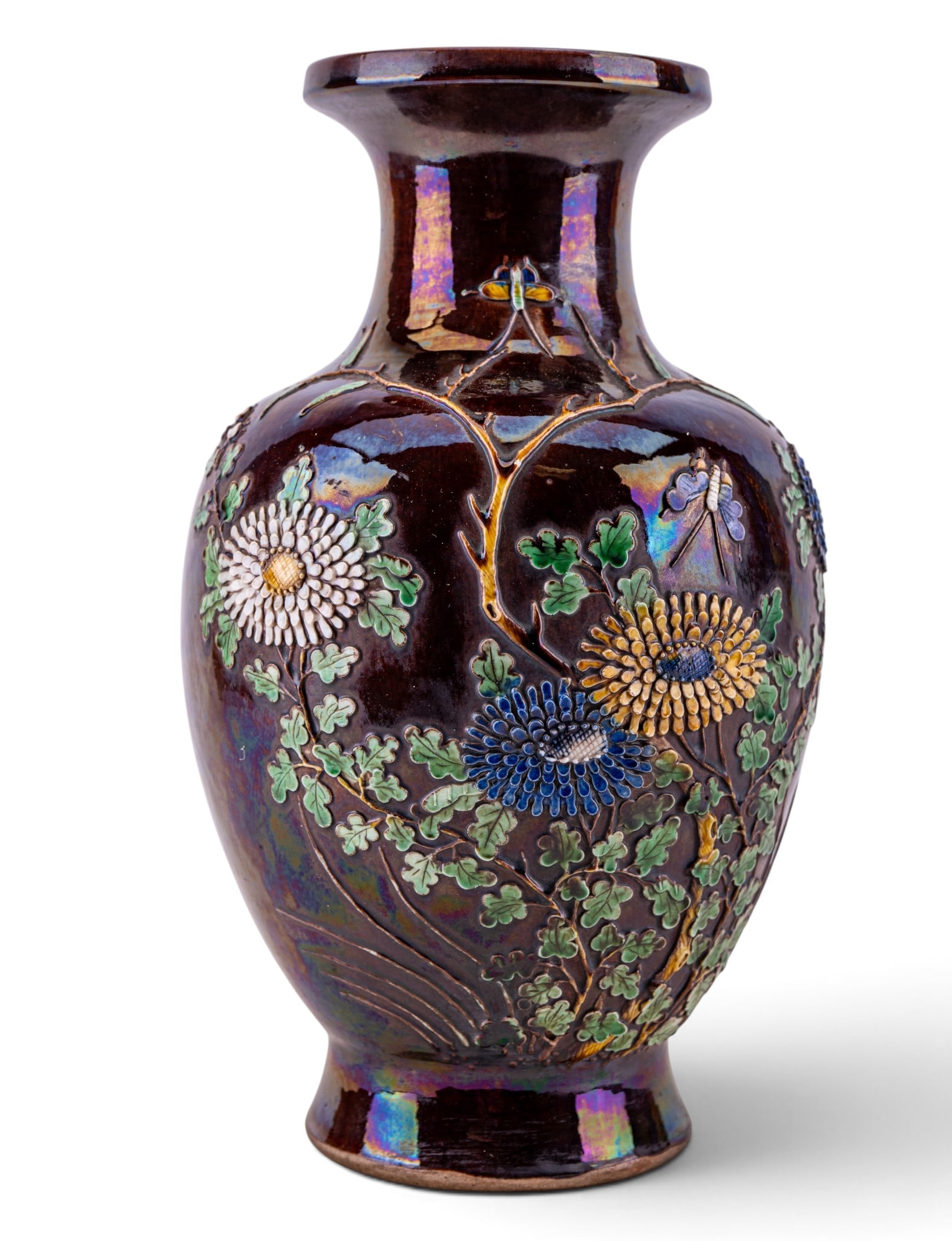19th C Chinese Black Porcelain Vase: Chinese porcelain vase, 19th century, of baluster form with elongated neck and flared rim. Decorated against a dark brown glazed ground with raised polychrome enamel chrysanthemums, flowering and leaf