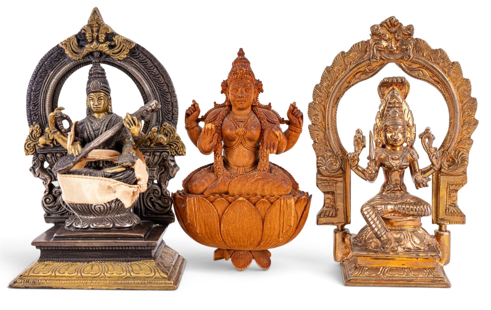Bronze Green Tara Bodhisattva Temple Figurines: Two bronze temple figurines depicting the Bodhisattva Green Tara, and one carved wood, tallest measures approx. 7" H. From the Estate of Carol and George Thomassy, Hanover, PA.