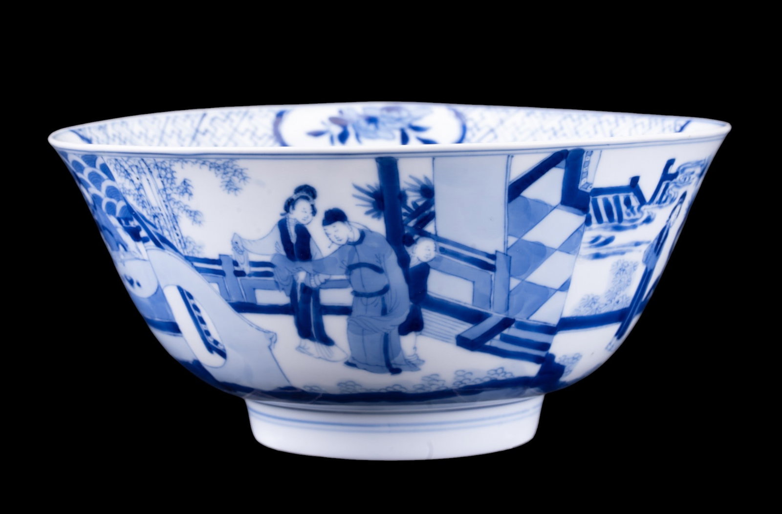 Chinese Blue & White Porcelain Bowl: A Chinese blue and white decorated porcelain bowl featuring panels depicting children, warriors, ladies, musicians, and scholars, featuring a double-ring six-character reign mark. Measures approx. 8" 