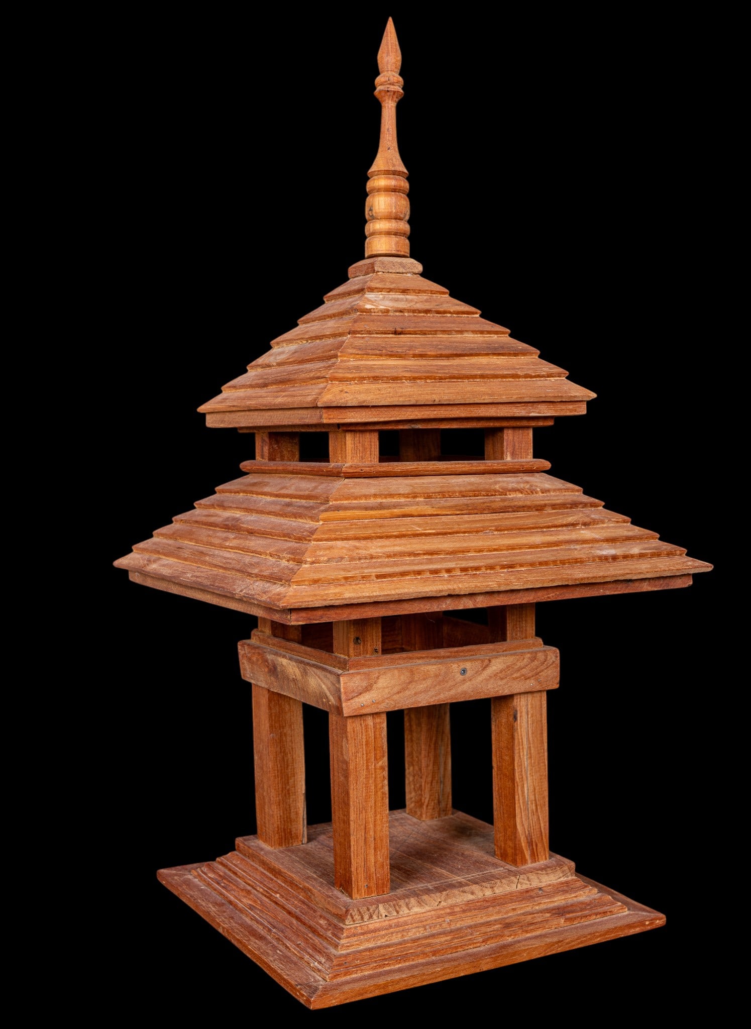 Asian Hardwood Spirit House/Pagoda-Style Art Model: Hand-crafted carved wood model of an Asian architectural shrine. Known as a "Spirit House" or "San Phra Phum" in southeast Asia countries. Solid wooden planks arranged in layered, interlocking design.