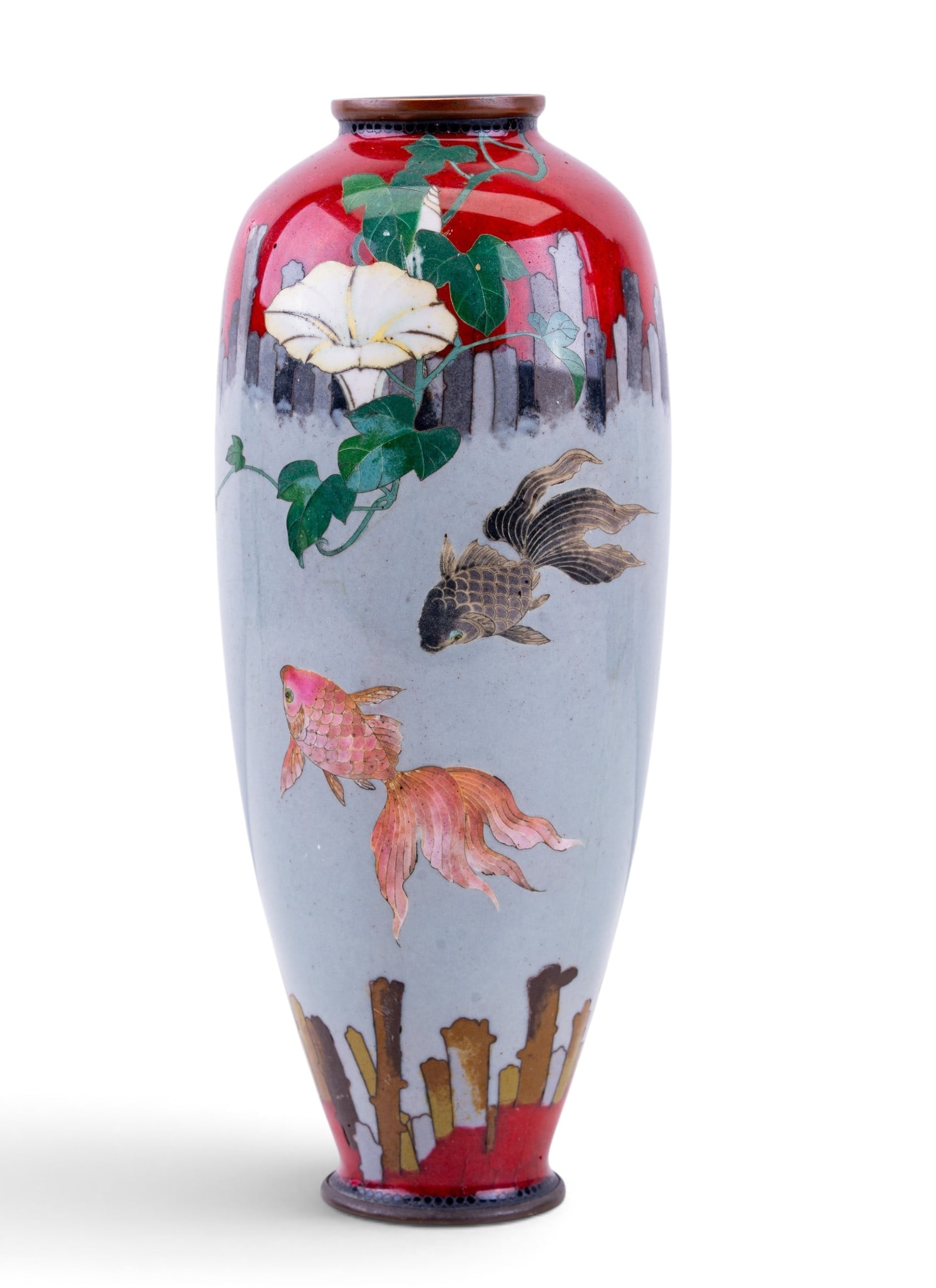 Japanese Goldfish & Peonies Enameled Ginbari Vase: Signed Japanese ginbari cloisonne enamel ("Shippo-yaki") vase featuring goldfish. Made in Japan during Meiji Period circa late 19th or early 20th century. High-shouldered oviform vase executed in