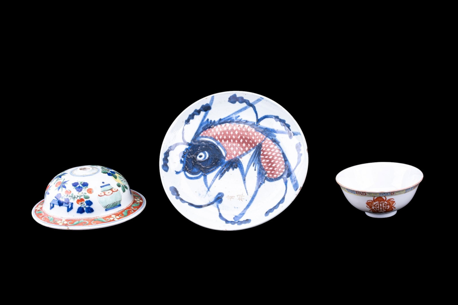 Chinese Porcelain 3pc Fish Plate, Basin, Rice Bowl: Three distinct, individual pieces of antique and vintage Chinese porcelain and utilitarian ceramic ware, spanning 18th century through mid-20th century. Antique carp plate, antique Famille Verte