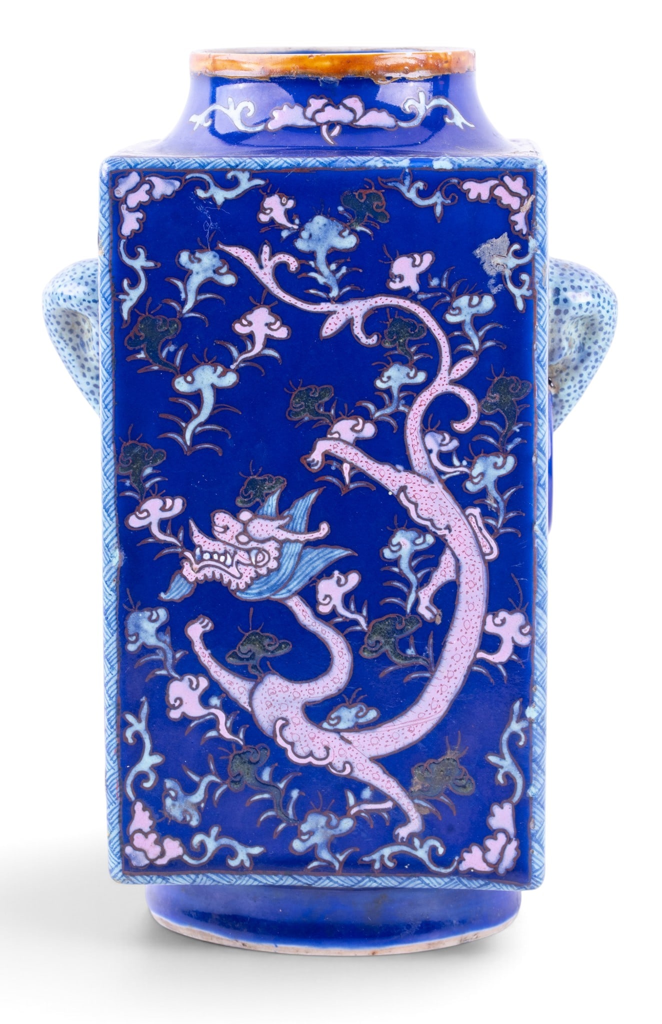 Chinese Enameled Porcelain Cong Vase w/ Dragons: Chinese polychrome enamel decorated porcelain square "Cong" vase, featuring rich cobalt blue ground and dragons. Double ring and Chinese 6-character mark on underside of base translating to "Made in t