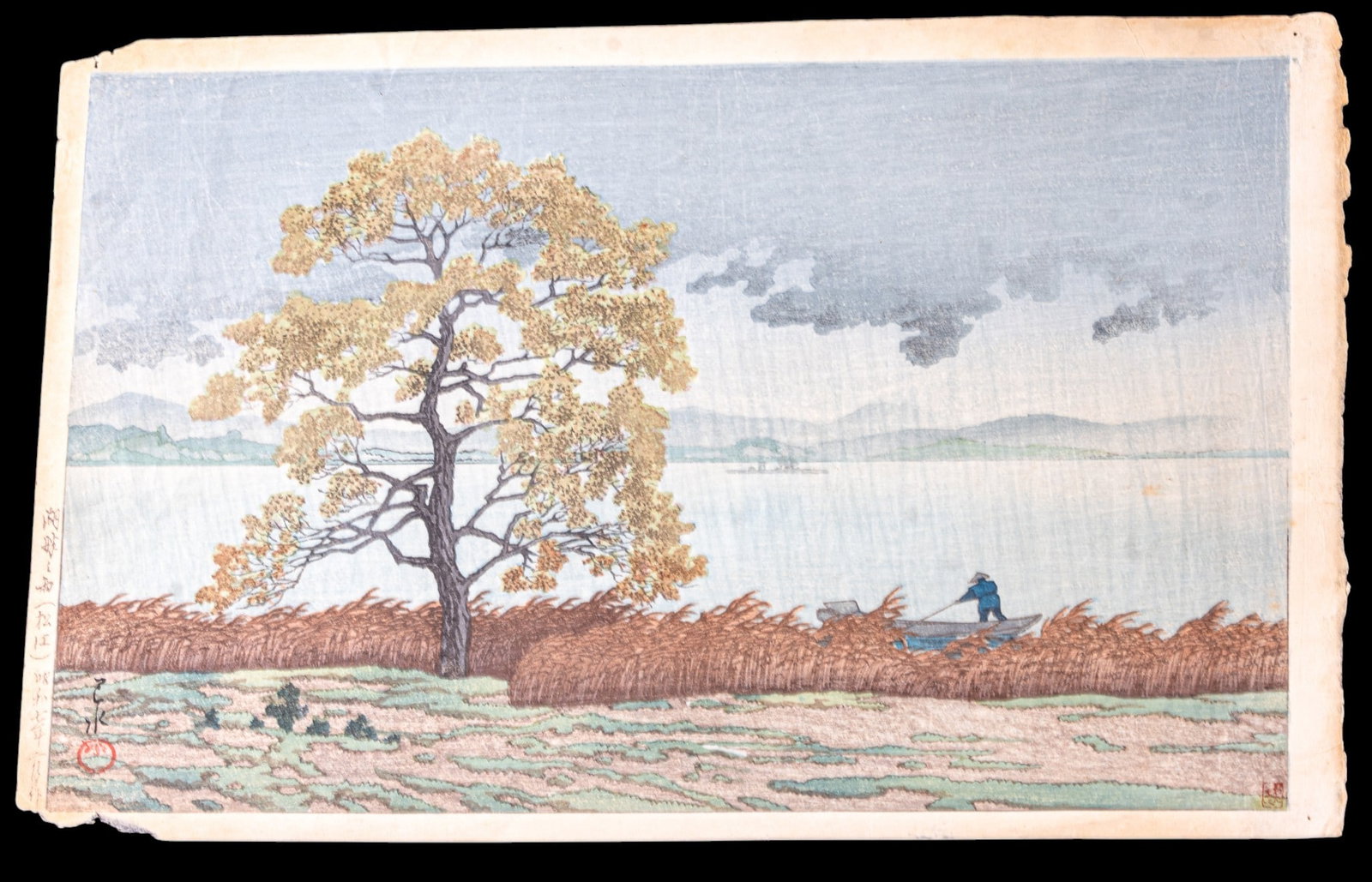 Japanese Woodblock Lakeside Shower Kawase Hasui: Japanese woodblock print titled "Lakeside Shower, Matsue" (Chihan no ame, Matsue) by renowned Shin-hanga artist/printmaker Kawase Hasui (1883-1957). Depicts autumn landscape at Lake Shinji in Matsue d