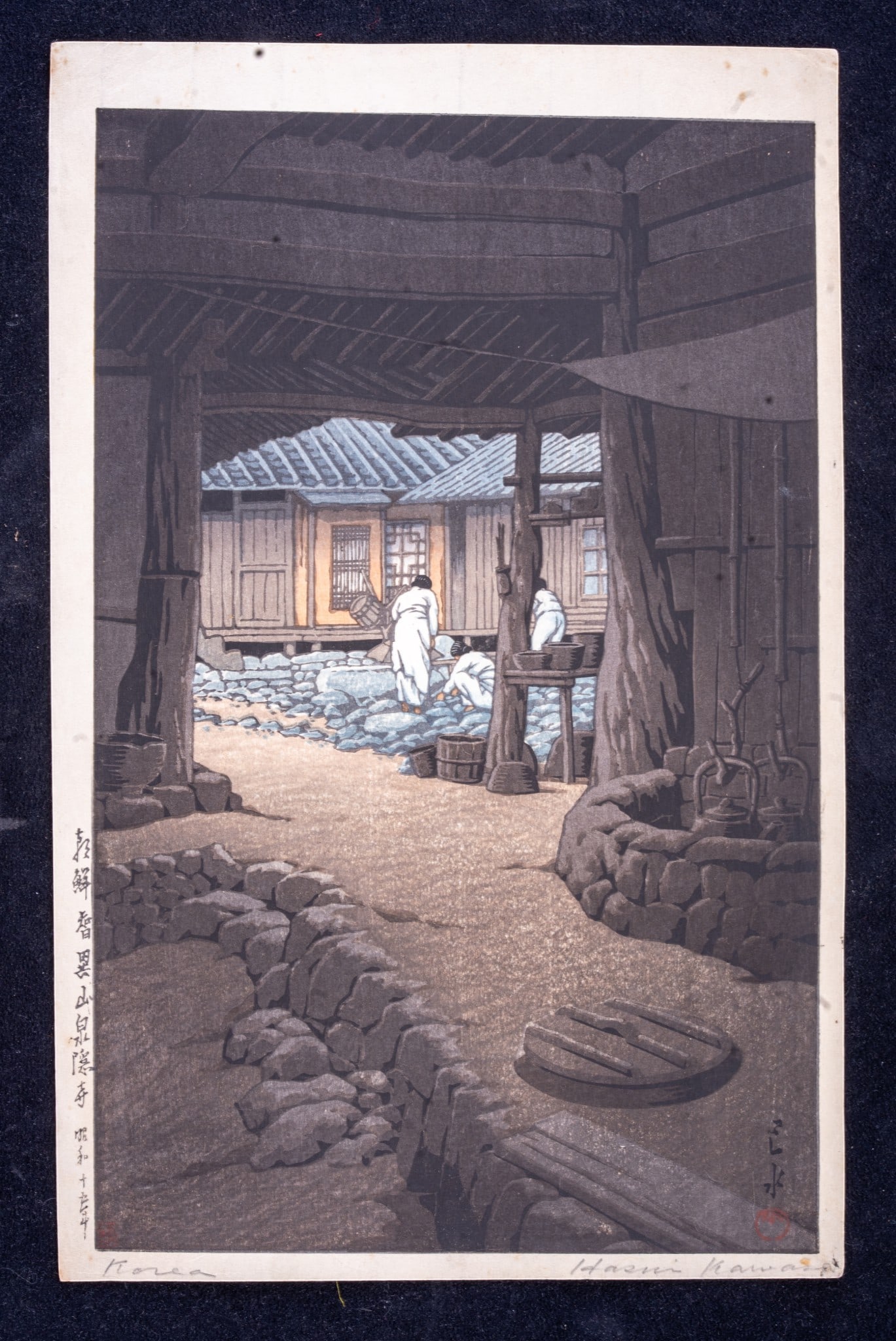 Japanese Woodblock Chunum Temple Kawase Hasui: Japanese woodblock lifetime print titled "Chunum Temple on Mt. Chiri, Korea" (Chosen Chiizan Sen'in-ji) by master landscape artist/printmaker Kawase Hasui (1883-1957). Belongs to Hasui's wartime serie