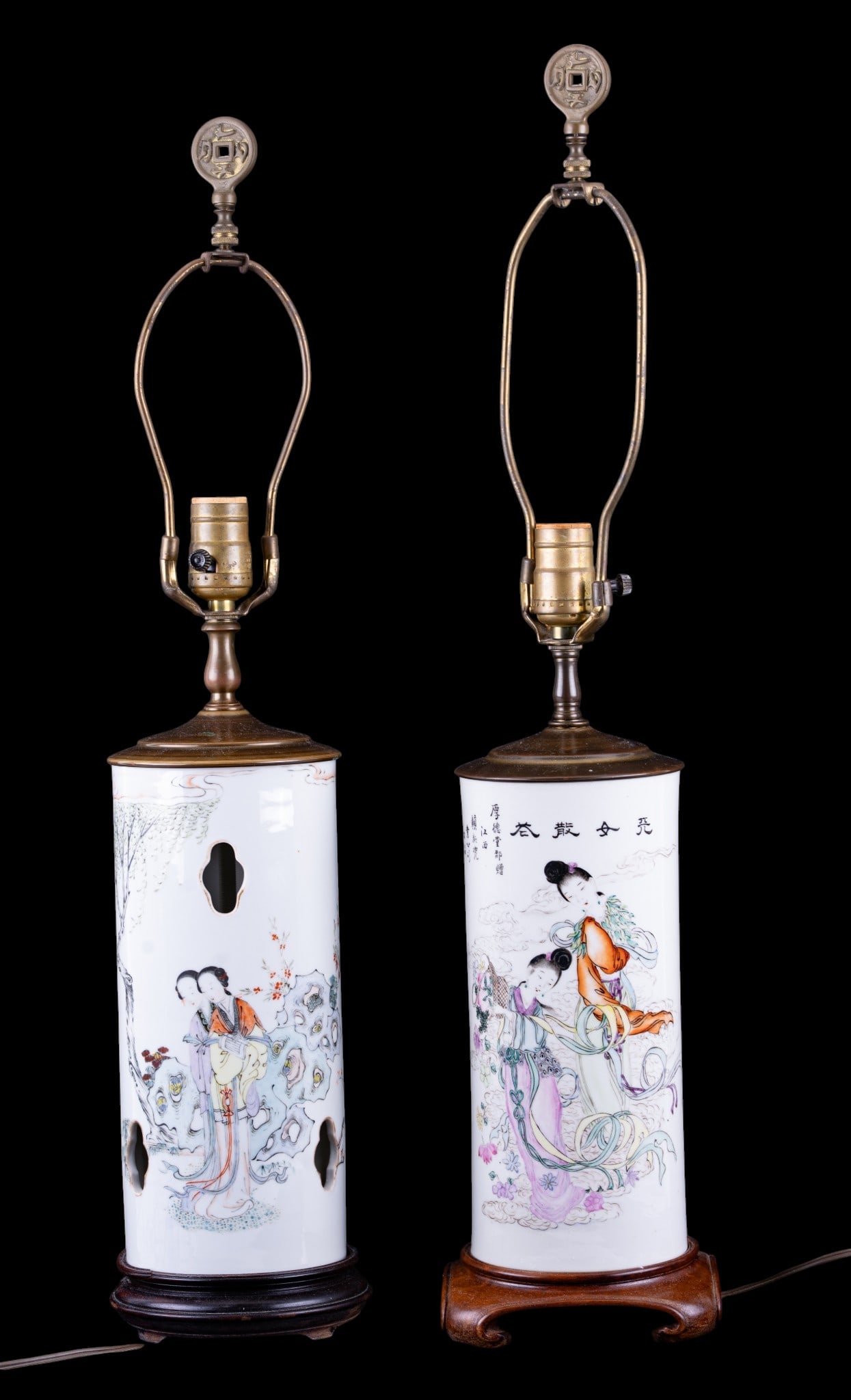 Chinese Republic Period Table Lamps: Pair of Chinese Republic Period porcelain table lamps, each of cylindrical form with differing famille rose figural decoration and calligraphic inscriptions, each with pierced elements. One lamp with 