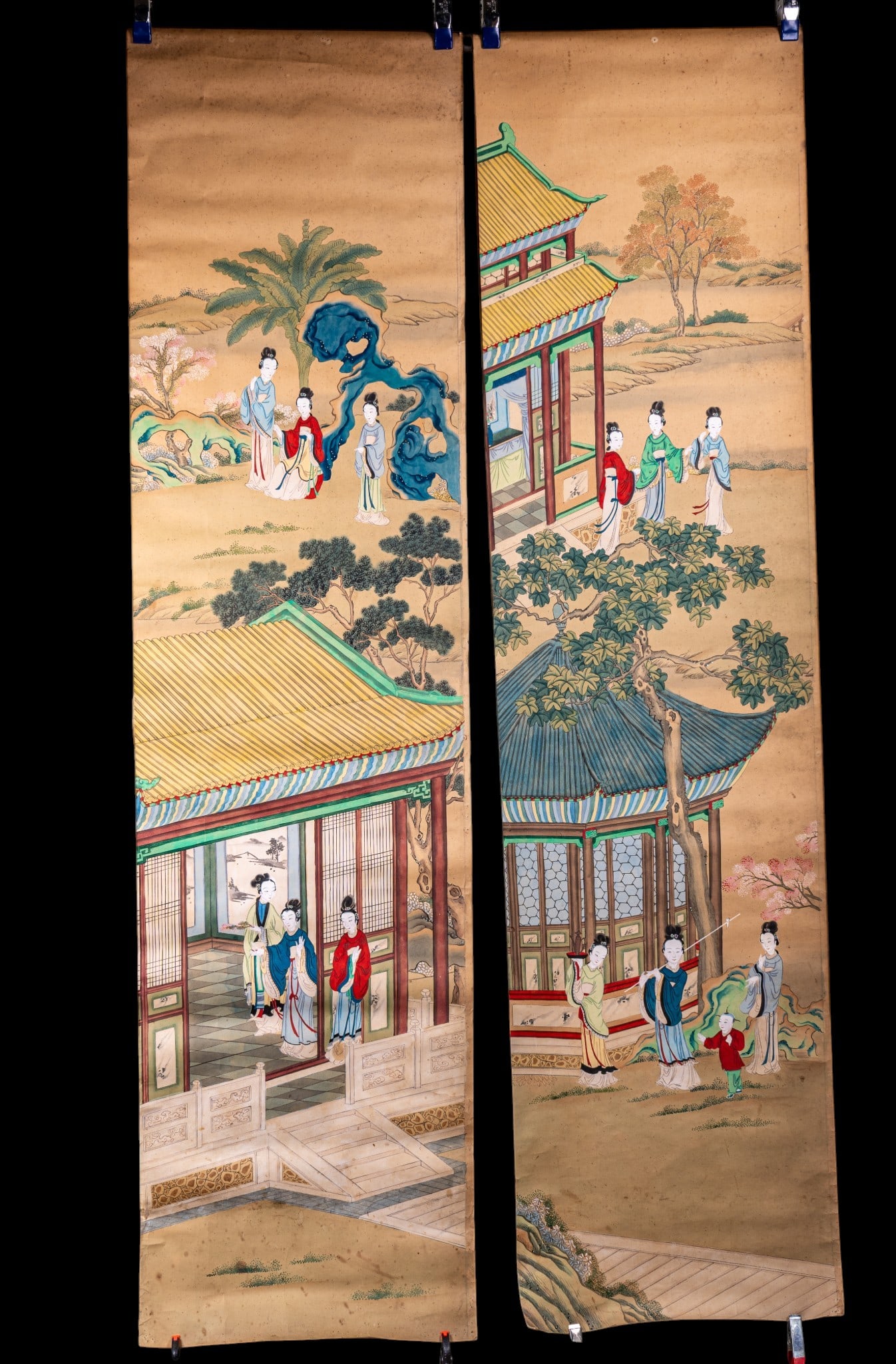 2 Long Vintage Chinese Hand Painted Scrolls: Two long at approx 11' vintage Chinese hand painted paper scrolls. Age unknown but vintage and possibly antique. Mounted to fabric backing, depicting women and children in the garden, and the other de