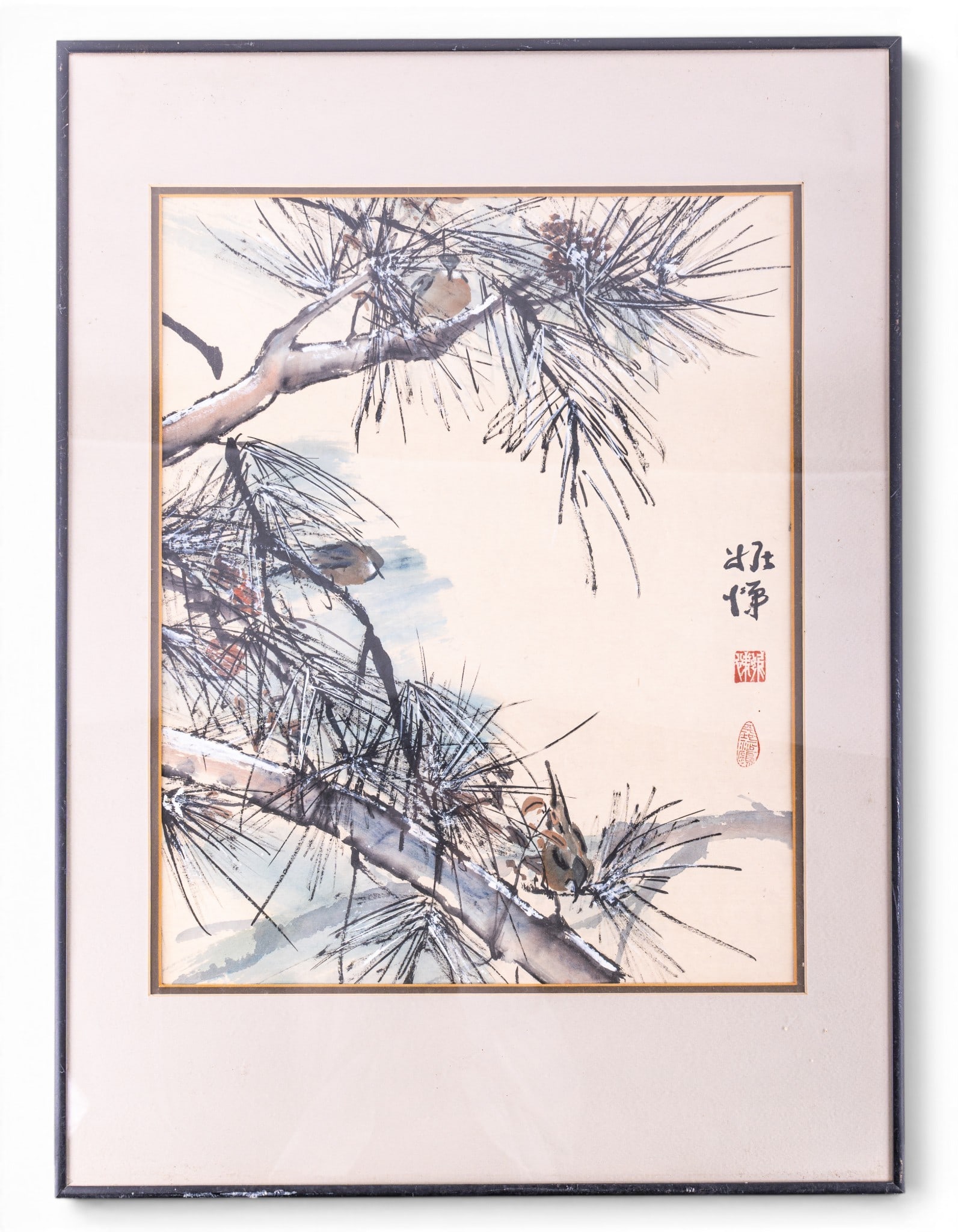 Japanese Watercolor With Calligraphy: Japanese watercolor painting of birds in a pine tree and Japanese characters on the right side in black and red by Susan Nette. Professionally framed by Durrant-Ross Gallery & Picture Framing