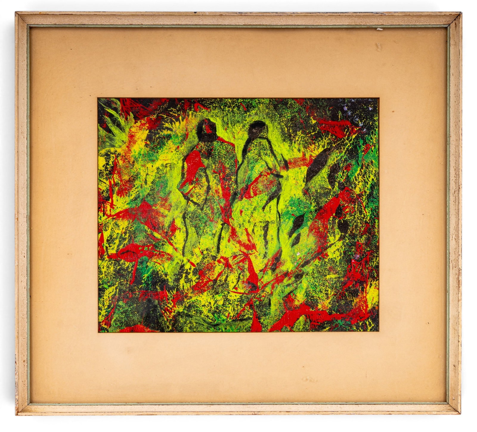 Abstract Figural Oil Painting in Greens and Reds: Framed and matted abstract oil painting in various shades of red, green, and black featuring two figures. Tan colored mat with a tan wooden frame with a light grey accent. Scratches on the frame.