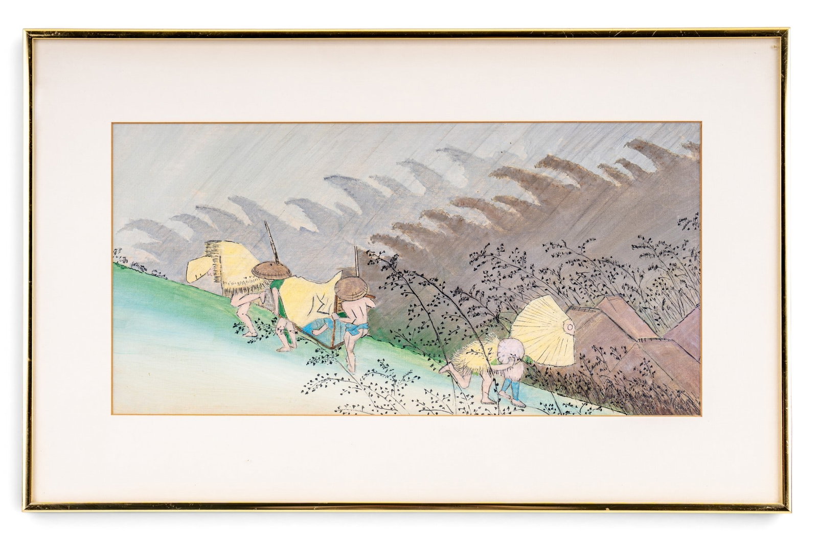 Asian Painting on Canvas Boys in Straw Hats: Asian painting on canvas of boys in straw hats in what appears to be windy weather. Matted and framed. Off white colored mat and gold tone metal frame. Approx 12 3/4" high x 20" wide. minor