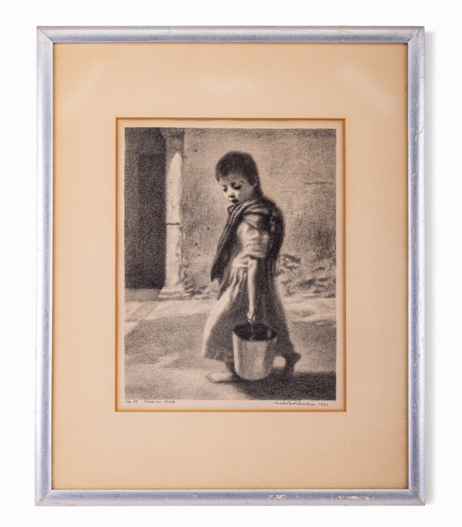 J.Bookbinder Signed Ltd. Ed. Print "Mexican Maid": Pencil-signed limited edition print by American Artist, Jack Bookbinder entitled, "Mexican Maid" from 1961 de. 50. Mated and framed. Thick tan mat with a silver painted wooden frame showing a few scra