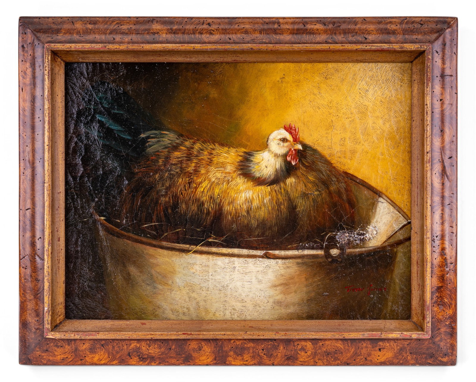 Signed Oil Painting "Hen in Bucket": Framed oil painting, "Hen in Bucket" signed by 20th-Century artist Trevor James. Sticker on the back of the lovely wooden frame says Style #7-037 from the Trevor James Company. Some damage to the oil