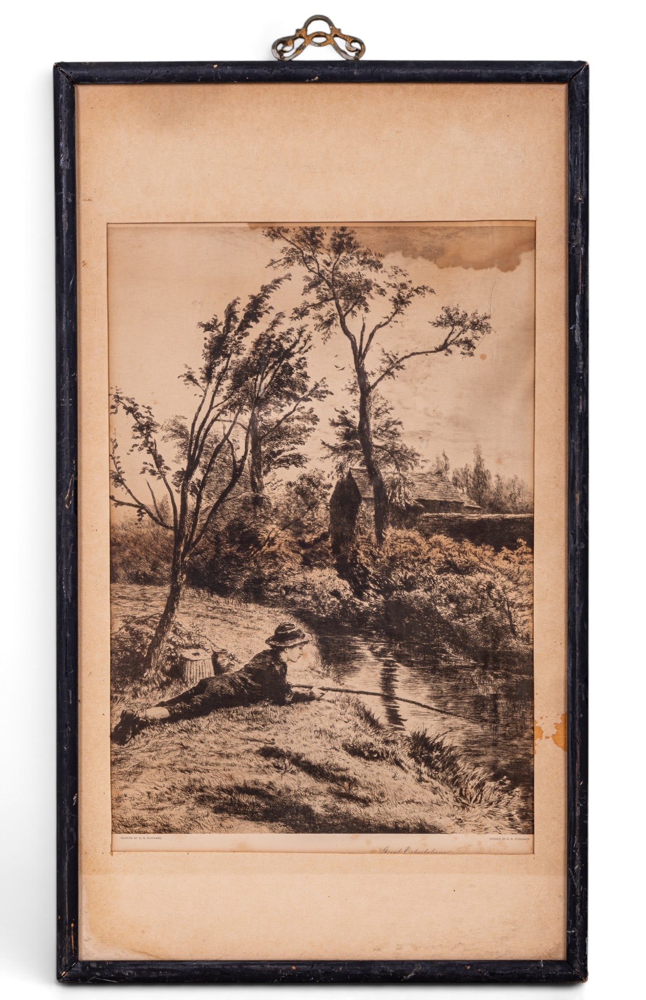 E. N. Downard Etching "Great Expectations": Etching entitled: "Great Expectations," by Ebenezer Newman Downard featuring a rural landscape and young boy fishing by a riverbank. Matted and framed. Some scratches on the frame and frame coming