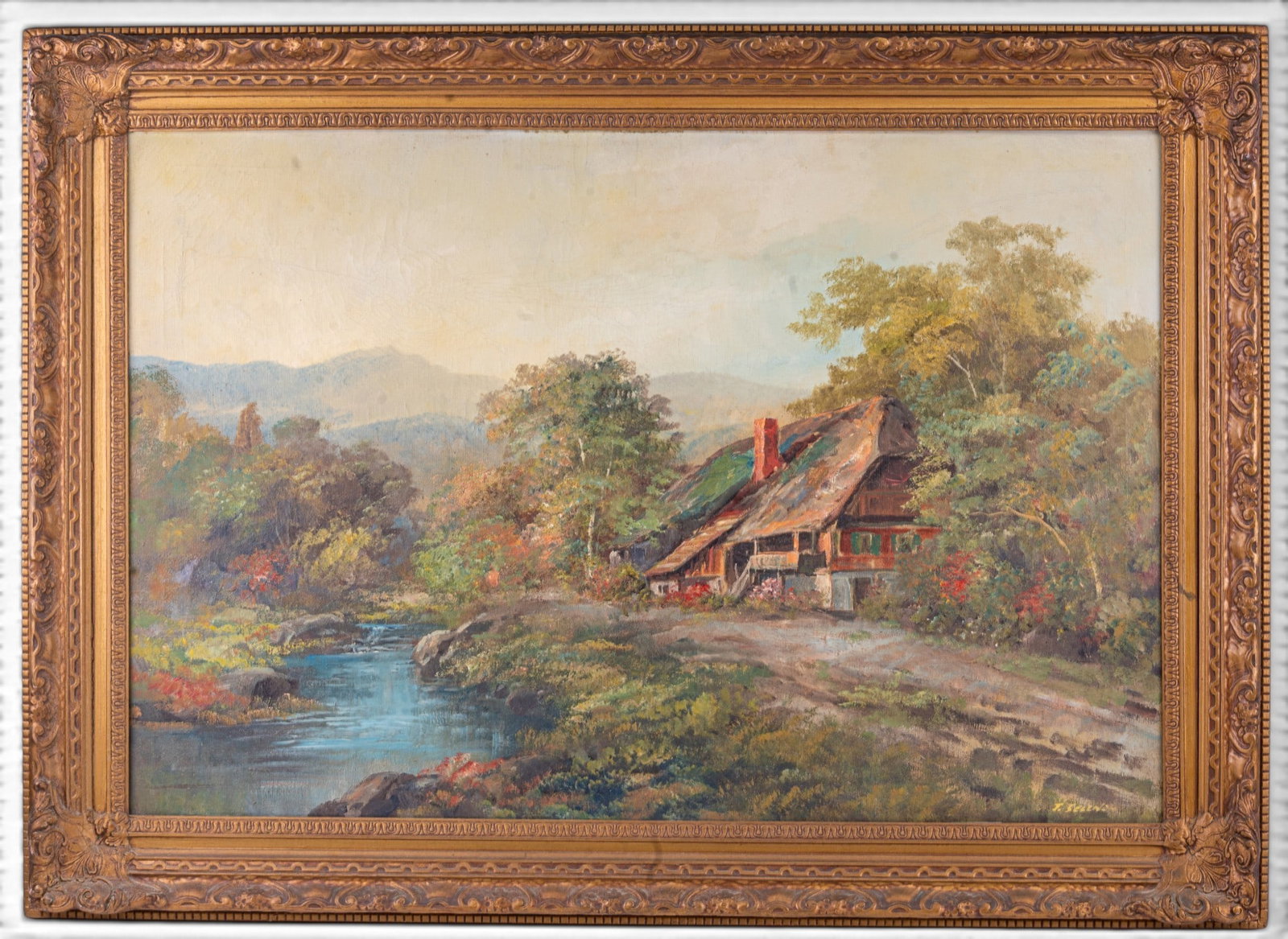 J. Sellns Signed Oil on Canvas: Large gilt wood framed oil on canvas featuring a cottage by a stream signed by J. Sellns. Approx. 42" x30 1/2". Some minor cracking of the oil due to age.