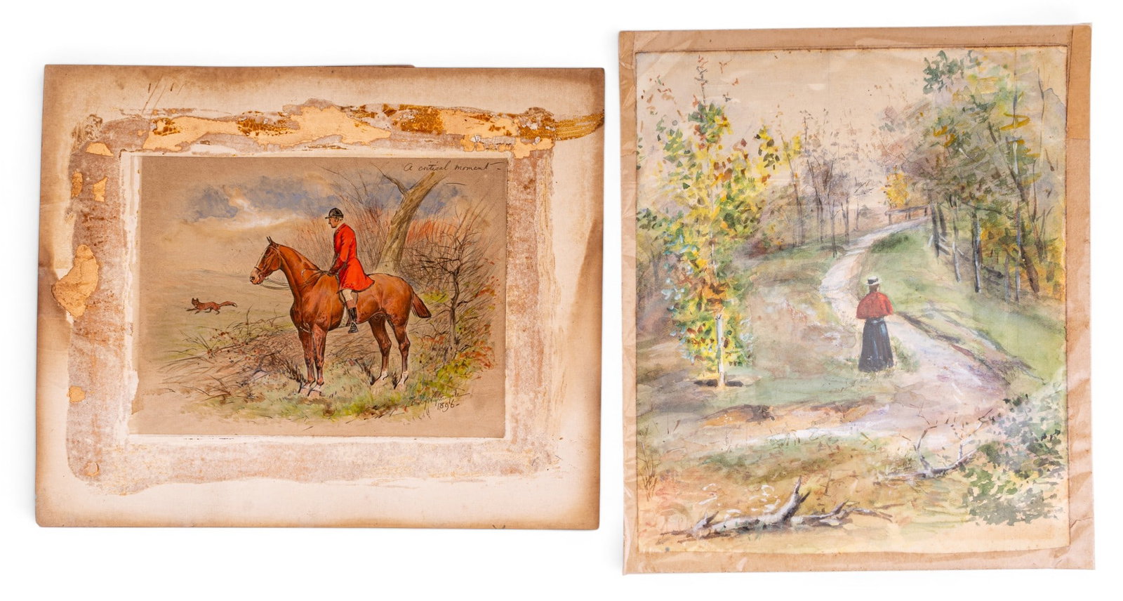 19th C Watercolor on Paper Paintings (2): A collection of two 19th C watercolor painting on paper including a depiction of a lady in a red coat walking down a country lane, not signed, measures approx. 9" W x 10.75" H, and a fox hunter