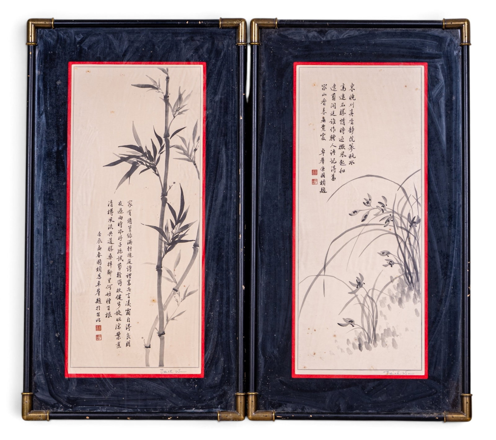 Signed Japanese Watercolors with Calligraphy: A pair of Japanese watercolor paintings of bamboo and flowers featuring black and red Japanese characters prominently painted as a focal point signed by Edith Wu. Double matted in red and black in