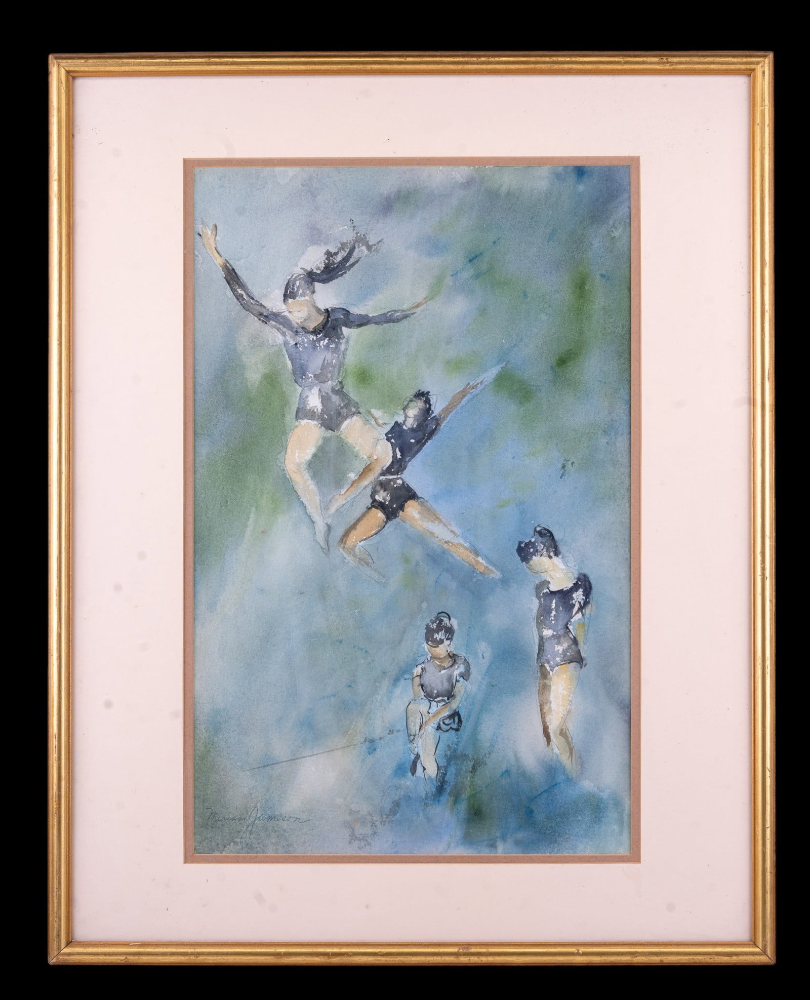 Signed Watercolor of Dancers: Large watercolor painting of dancers signed by Miriam Jameson, double matted and a wooden gold painted frame.29" x 23"