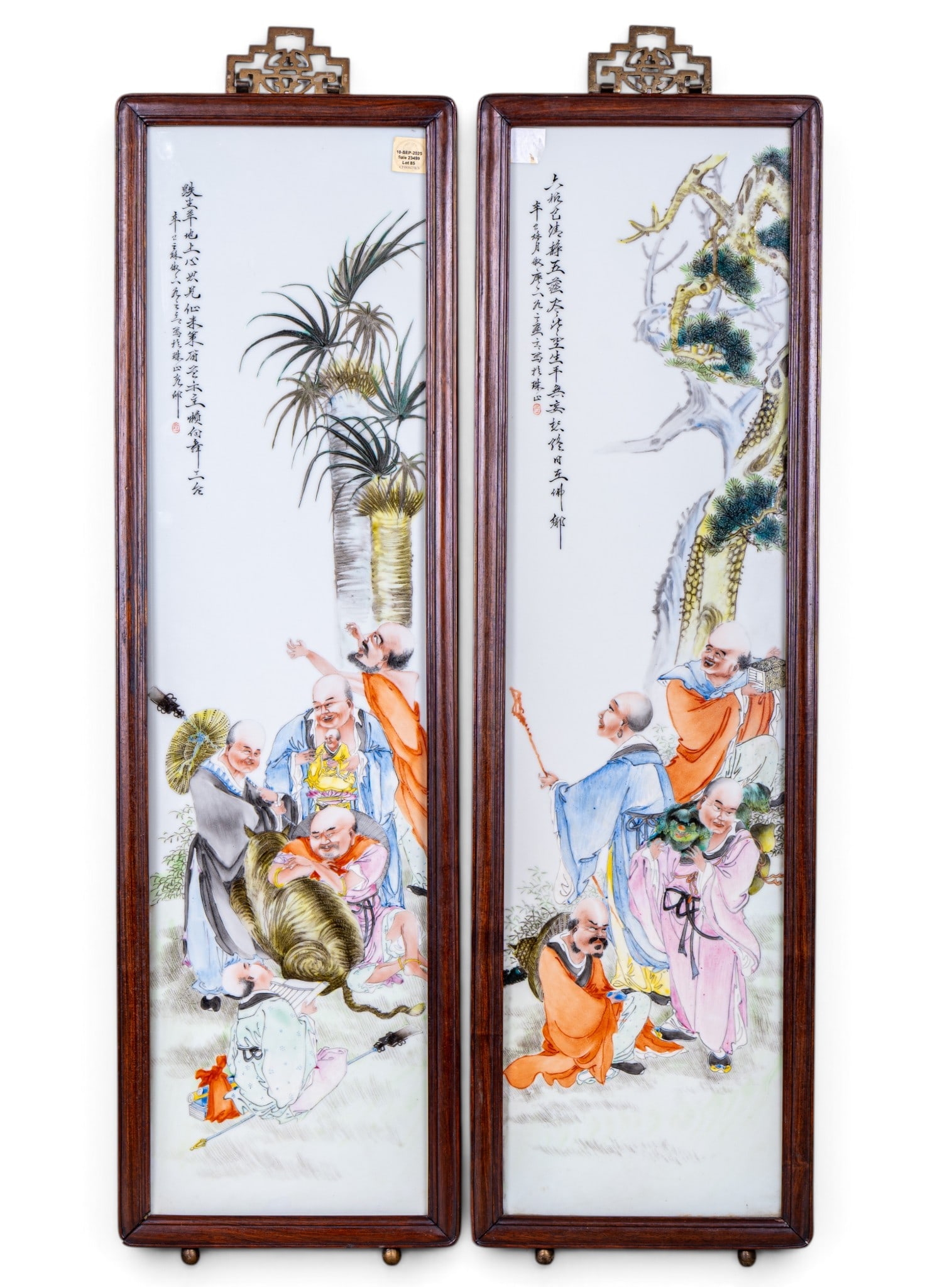 Pair of Famille Rose Plaques: A beautiful pair of signed pair of Famille Rose plaques from the Republic Period, China. Each panel is inscribed with a length inscription describing the scene, followed by an oval seal probably
