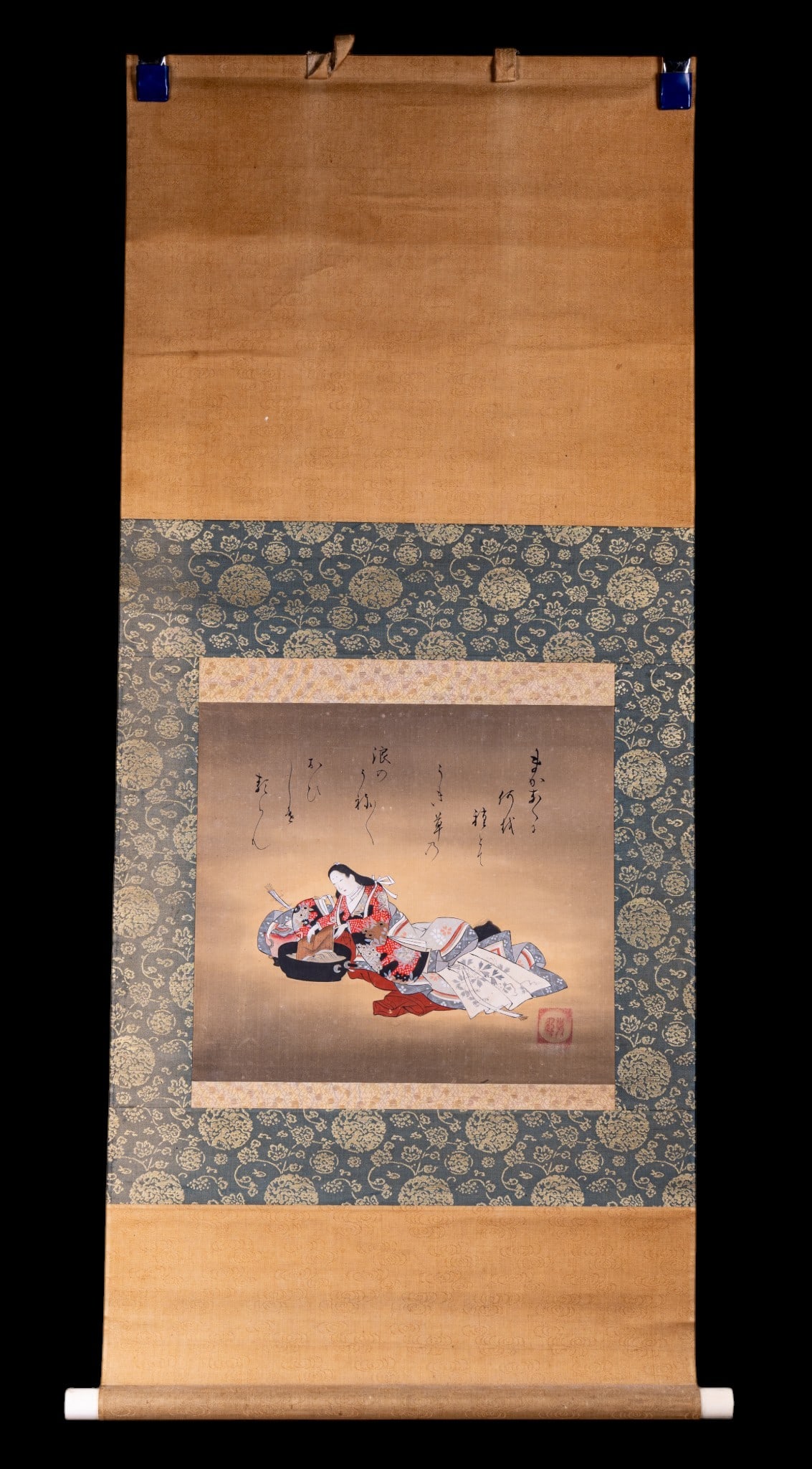 Japanese Watercolor Scroll: A beautiful Japanese watercolor on paper scroll that appears to be kana mixed with kanji writing. It features a woman in elaborate Heian-period-style court dress. framed by silk brocade. A thin