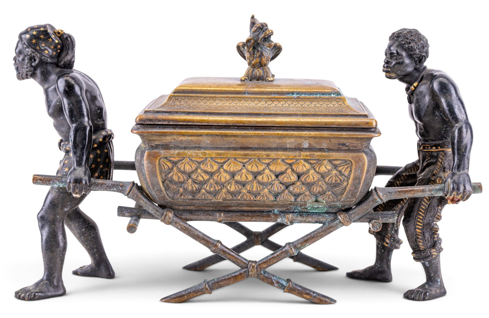 19th C French Gilt & Bronze "Ark of the Covenant": 19th century French table casket depicting the "Ark of the Covenant Carried by Two Ethiopians" cast in patinated and gilded bronze. Represents the celebrated Ethiopian Orthodox tradition of the