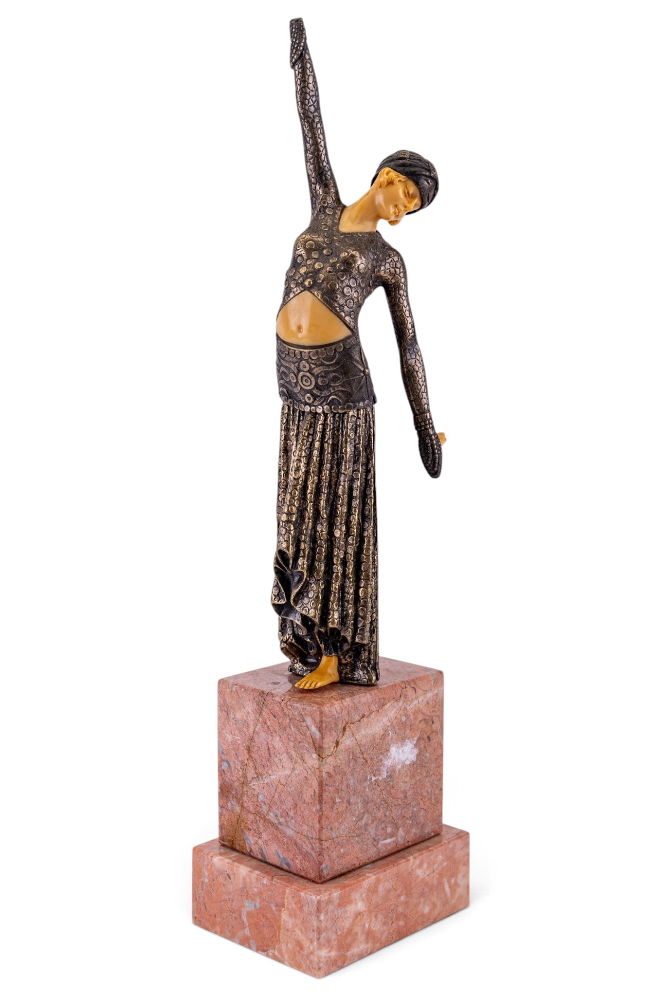 Art Deco Dancer After D.H. Chiparus's "Footsteps": Eye-catching Art Deco style chryselephantine-inspired figural sculpture executed after the iconic 1920s masterpiece titled "Footsteps" by Demetre Haralamb Chiparus (Romanian/French, 1886-1947). This d
