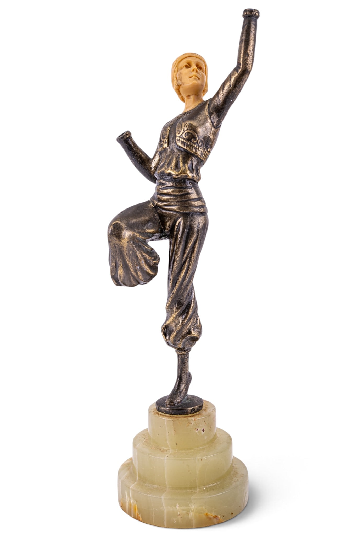 Signed Paul Philippe "Turkish Dancer" Sculpture: Authentic, early 20th-century Art Deco chryselephantine sculpture titled "Turkish Dancer with Parrot" (Le Danseur Perroquet) designed by celebrated French-Polish sculptor Paul Philippe (1870-1930). St