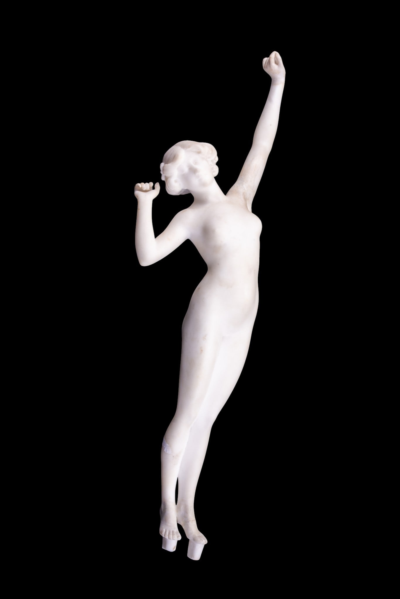 Art Deco Alabaster Figure After Philippe Le Reveil: Elegant Art Deco period or styled female nude figure, modeled after iconic sculpture titled "Le Reveil" (The Awakening) by renowned artist Paul Philippe (French, 1870-1930). Reproduction piece made ci