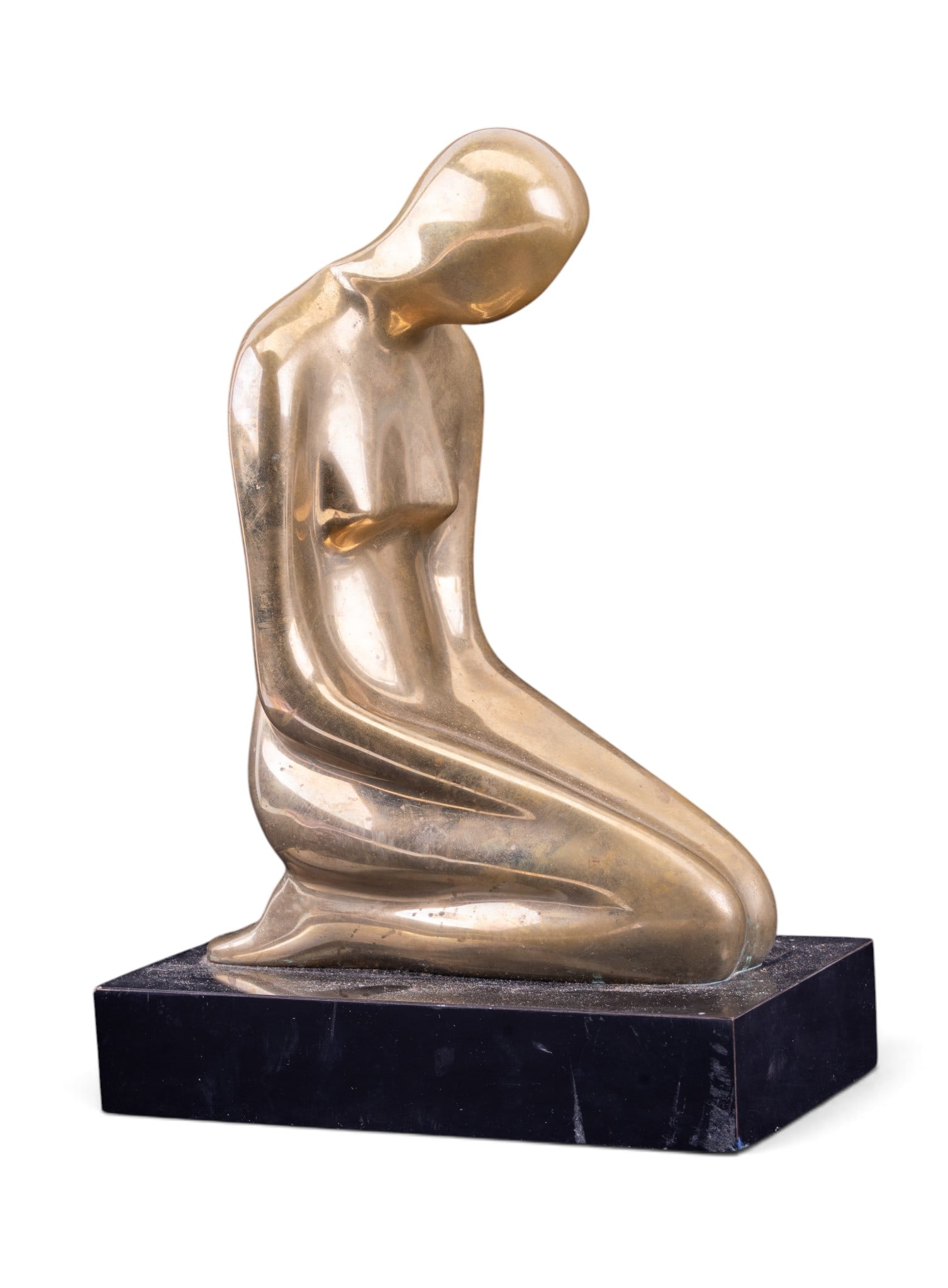 Bronze Kneeling Woman Sculpture After Louis Tanari: Midcentury modern biomorphic bronze sculpture depicting an abstract, minimalist kneeling female figure. Appears to be modeled after the Kneeling Woman sculpture by Louis Tanari (French, b. 1940), maki