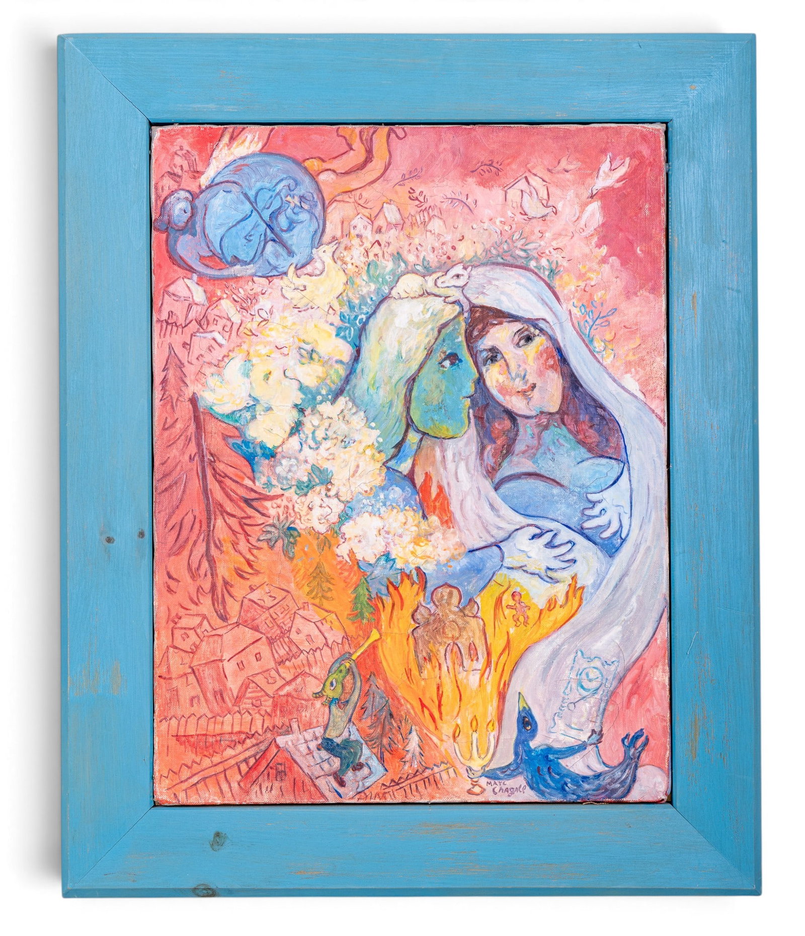Signed O/C in the manner of Marc Chagall: Oil on canvas painting in the manner of Marc Chagall. The paining features dreamlike, poetic scenes, floating figures, vibrant colors and motifs of lovers, animals, and fiddlers frequently defy gravit