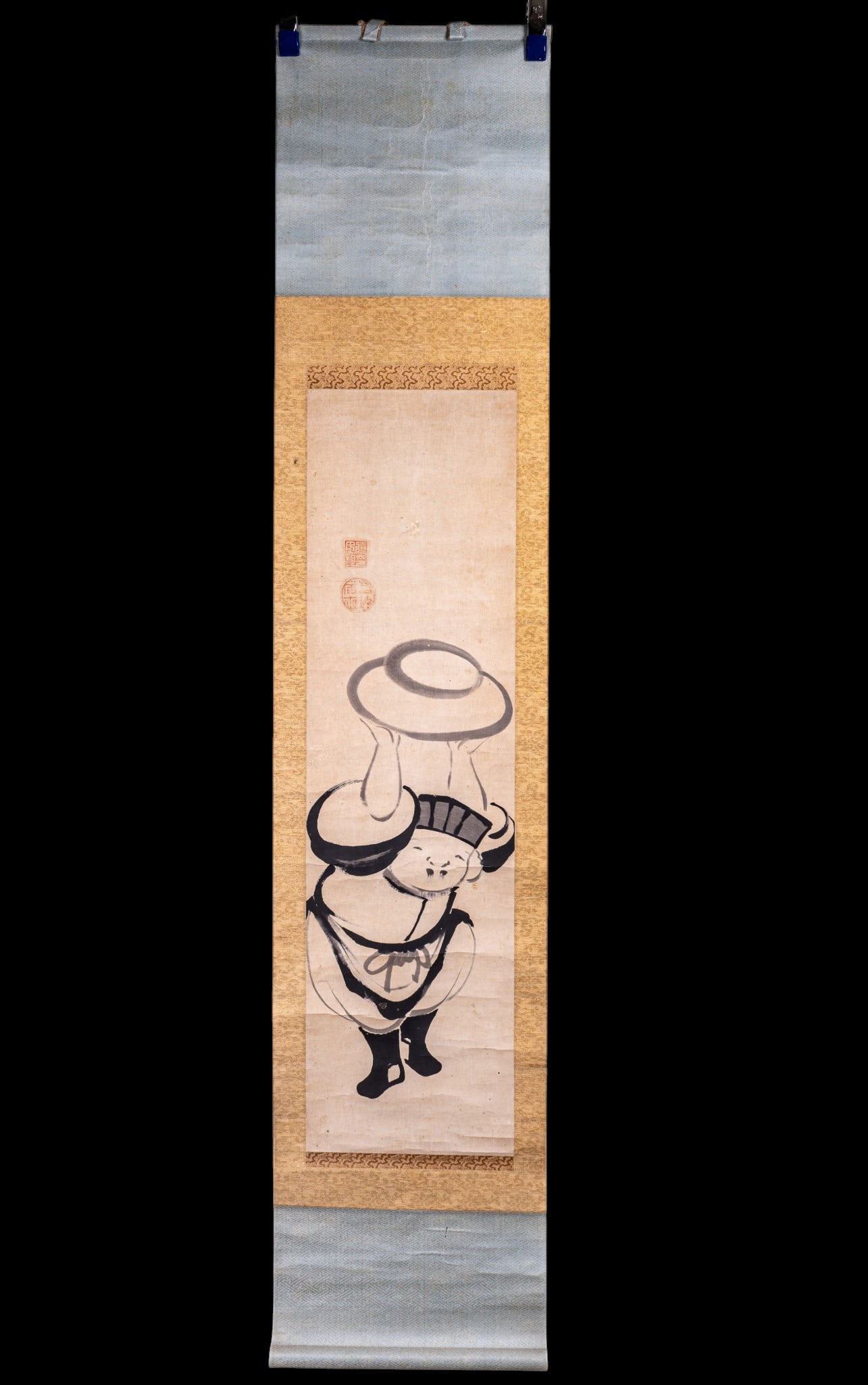 Japanese Zen Ink Hanging Scroll: Japanese zen ink hanging scroll of Hotei, Edo to Showa Period. An expressive monochrome ink scroll in the traditional Zen painting style of Hotei (Budai), the beloved Buddhist monk and one of japan's 