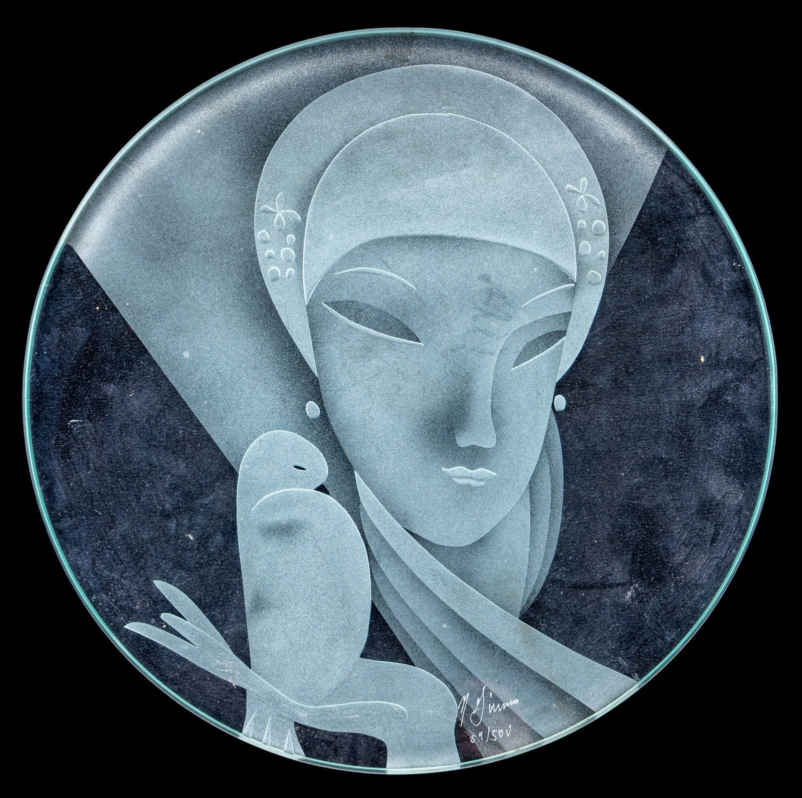 Art Nouveau Glass Plaque Signed & Numbered: Signed and numbed 20th century art nouveau glass plaque depicting a woman's face, sleek headdress, paired with a bird. Circular float glass, reverse sand-etched and frosted to created distinct layered