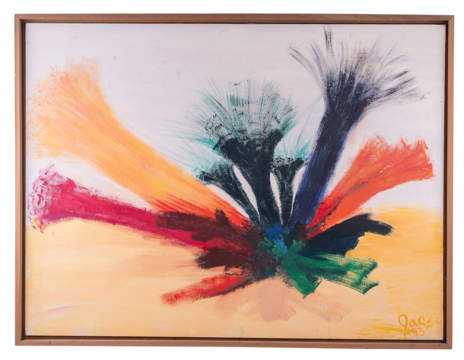 Signed Colorful Abstract on Canvas: This work utilizes bold, explosive gestures radiating outward from a central point. A vibrant contrasting color scheme featuring bold strokes of crimson red, warm orange, deep forest green, navy blue,