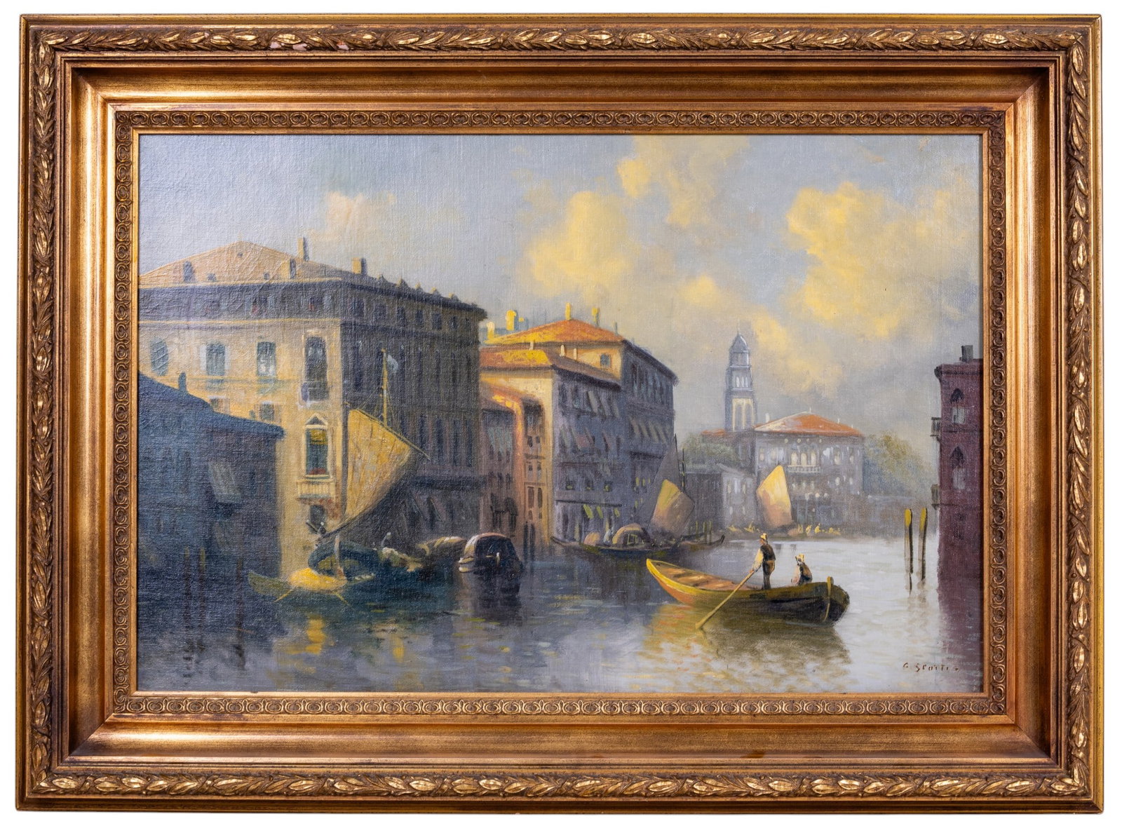 Signed Oil on Cancase Venice Scene by G. Scotti: Giosue' Scotti (Italian, 1729-1785) Venice oil on canvas signed in the lower right corner in a large gilt wood frame. Measurements including the frame: approx. 28 1/4" x 38". Measurements of the