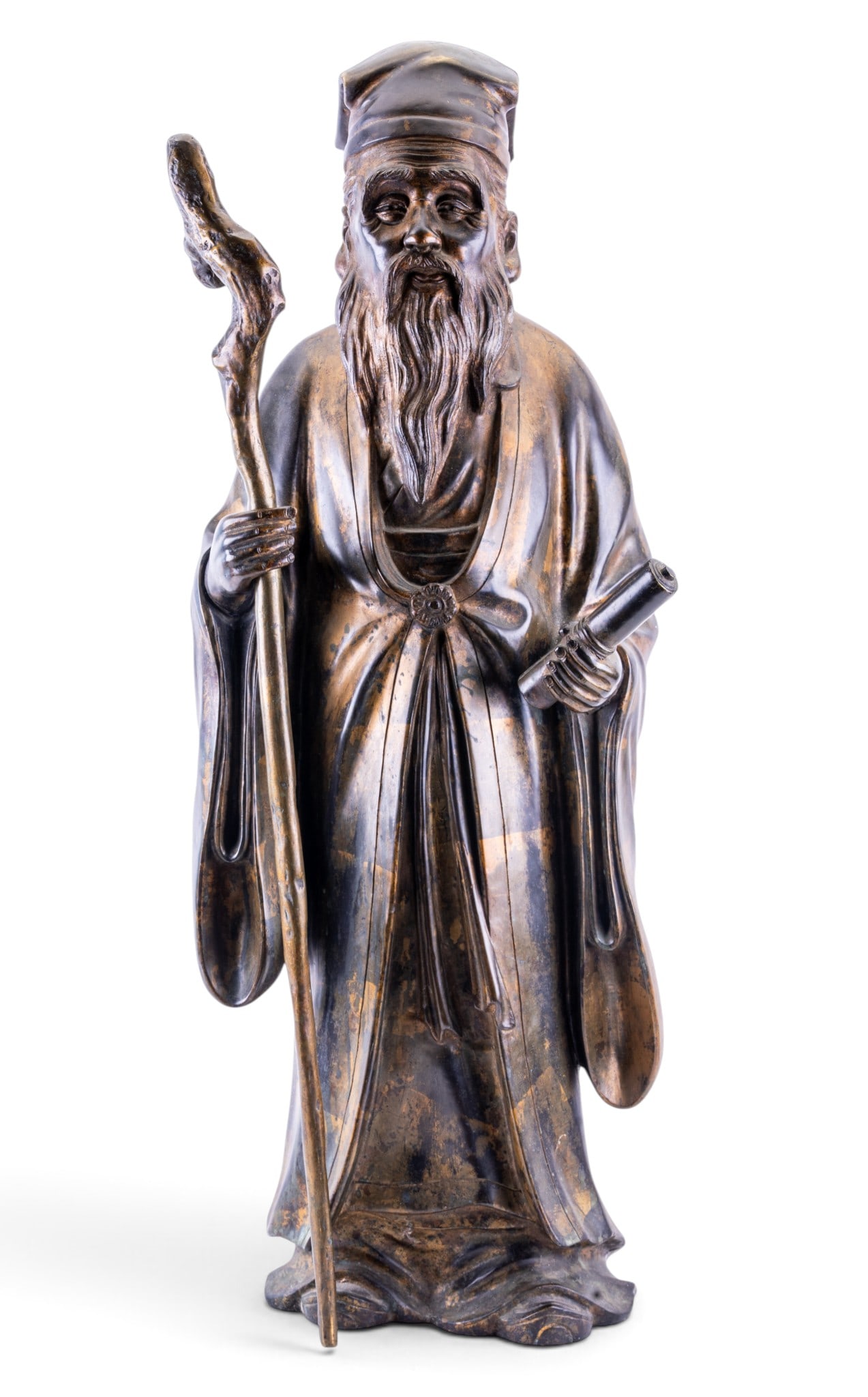 Japanese Sage Bronze Statue: Japanese sage cast-bronze figure possibly of Jurojin, the God of Longevity, Wisdom, and Immortality. The gnarled staff is removable and repositionable. The hand with the scroll is loose. Special