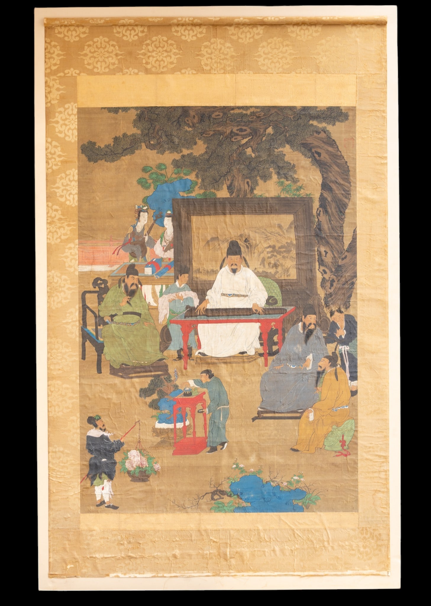 Ming Dynasty Chinese Scroll on Silk: This Ming Dynasty Chinese scroll depicts a classic, centuries-old Chinese theme known as the "elegant Gathering of Scholars" or a scene from the "Eighteen Scholars," a highly elite literati participat